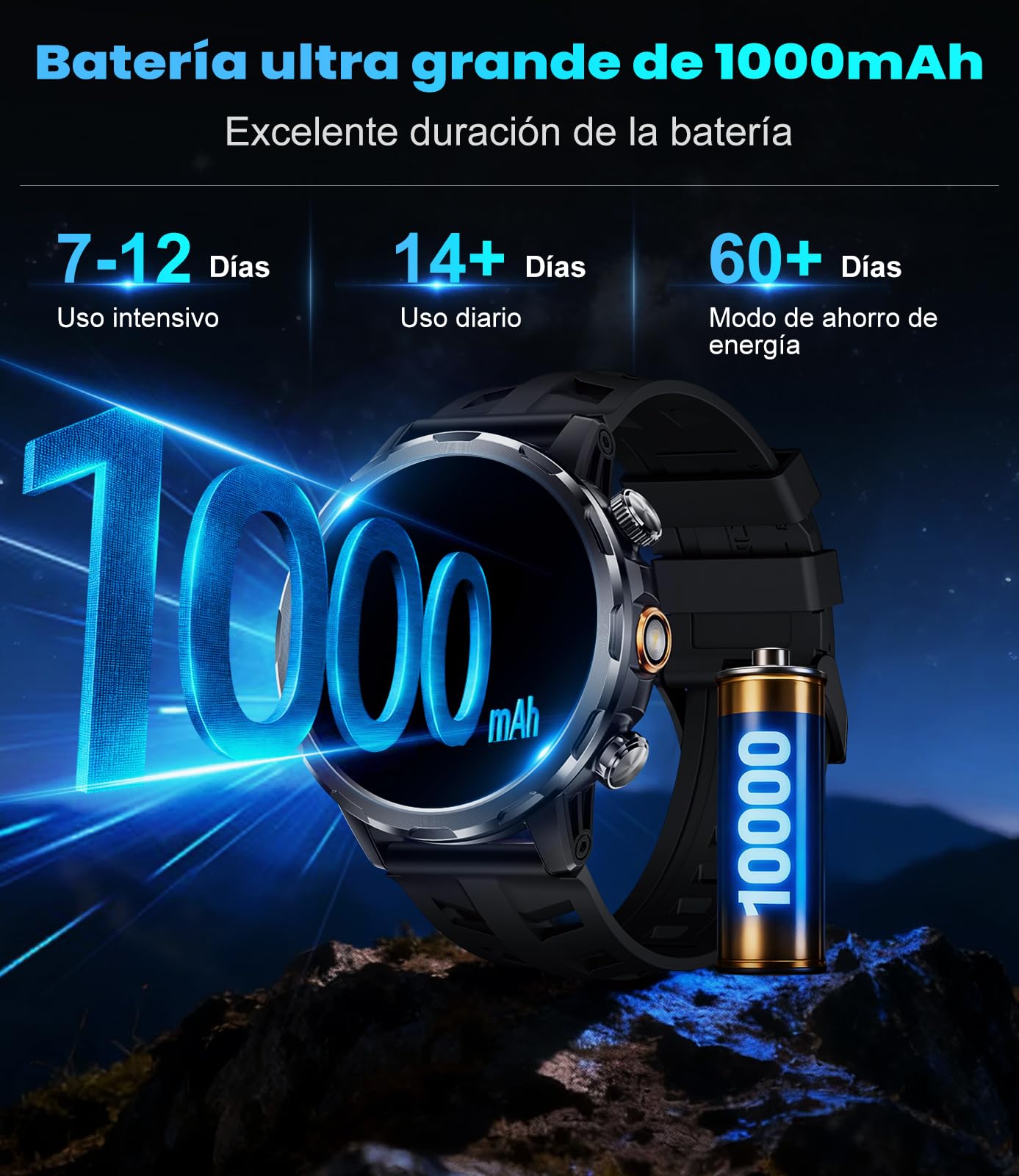 BENYAR Reloj Inteligente Hombre con 1000mAh/Linterna/1.7'' HD Grande Smartwatch Hombre con Llamadas/Doble Carga/IP68 Impermeable/100+ Modos Deportivos/Pulsómetro/Sueño/Pulsera Actividad Android iOS