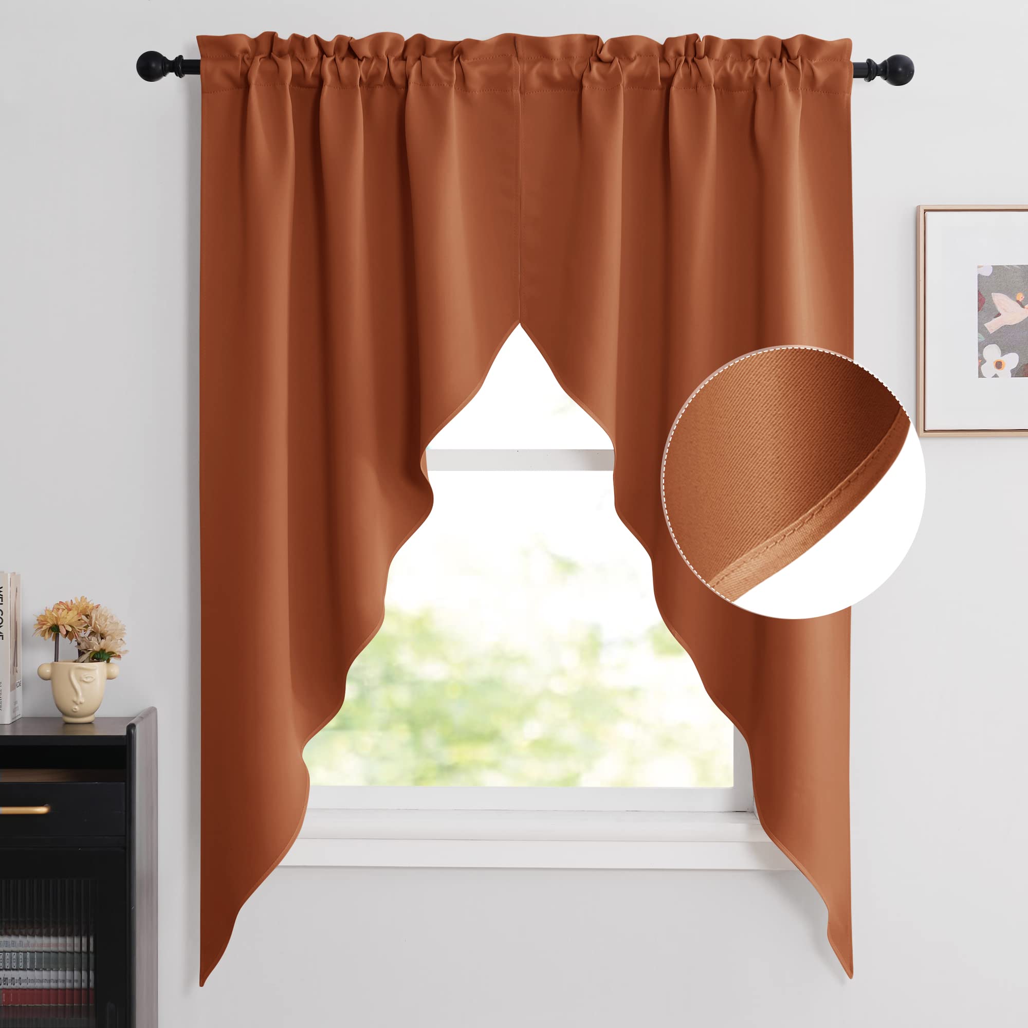 NICETOWN Swag Blackout Curtains for Bathroom, Farmhouse Style Kitchen Curtains for Windows, Thermal Insuated Waterfall Curtain Drapes for Living Room, 2 PCs, 36" x 63" x 18" per Panel, Burnt Orange