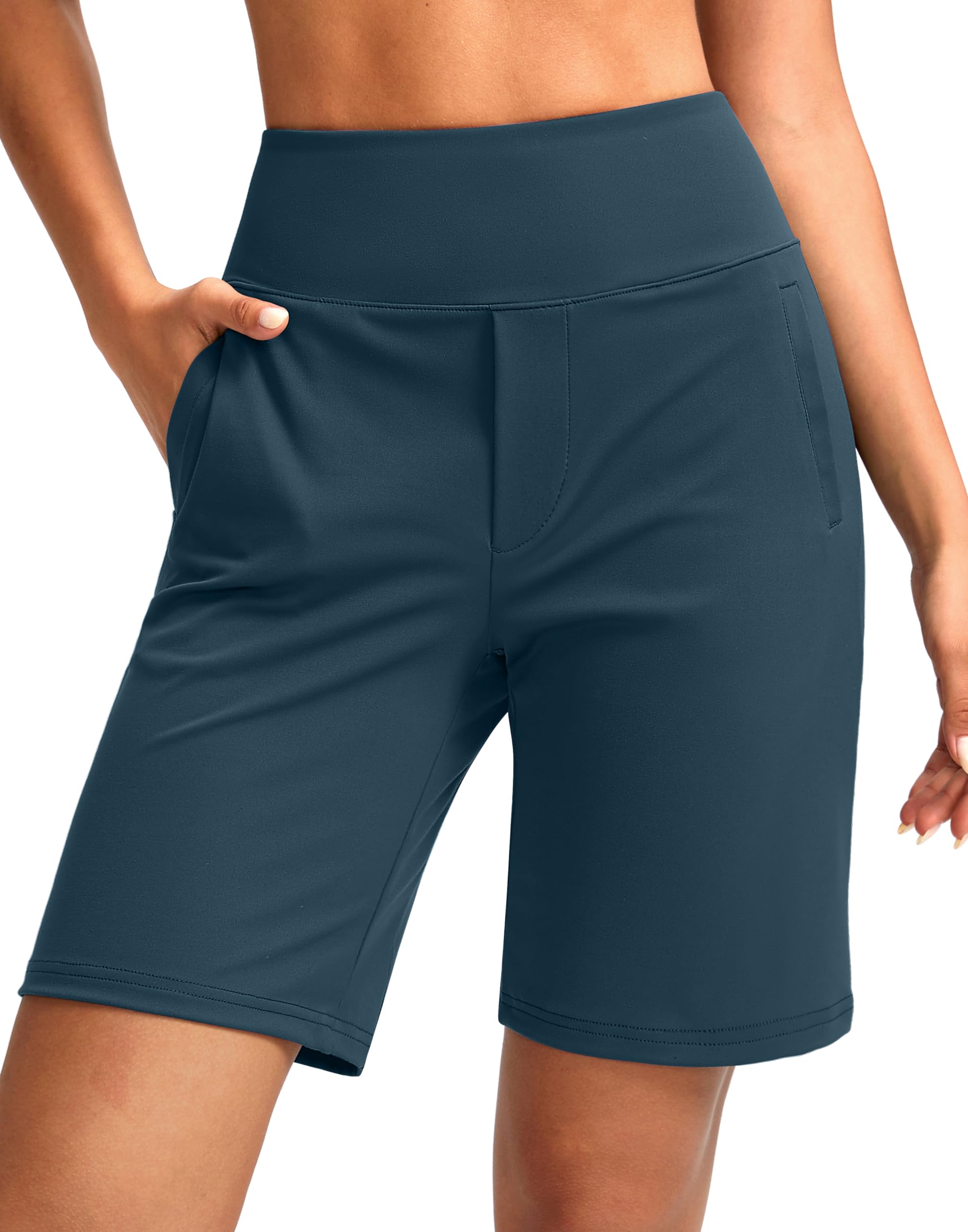 SANTINY Womens 9 High Waisted Bermuda Shorts with 4 Pockets Knee Length Long Shorts for Women Workout Athletic