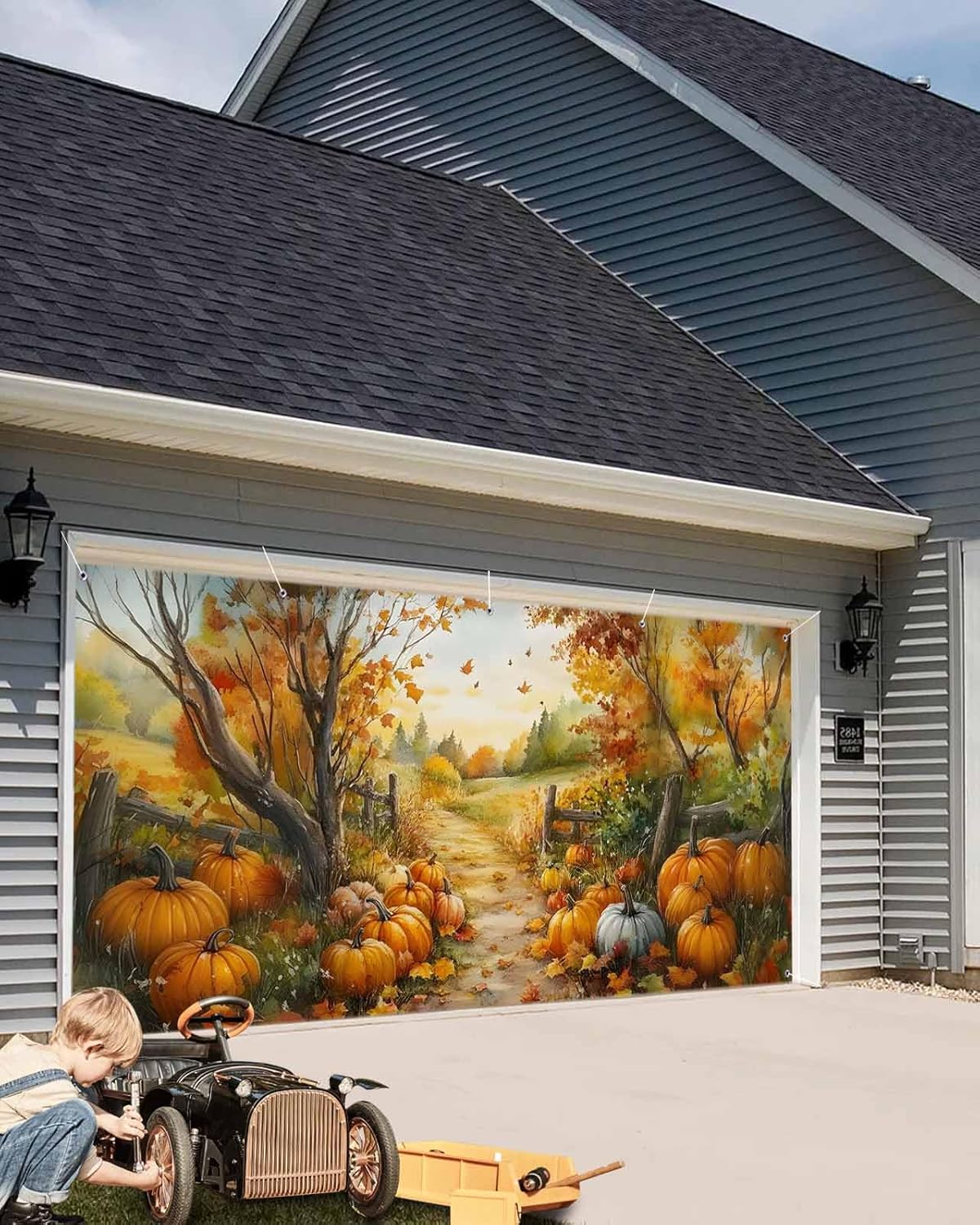 Fall Maple Leaves Garage Door Banner 6.9 x 8 ft Thanksgiving Pumpkins Garage Door Decorative Covers Holiday Decorations Rustic Farmhouse Photo Backdrop Large Outdoor Hanging Sign for Party Home Decor