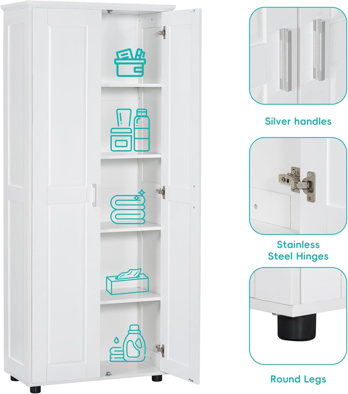 Tall Wide Storage Cabinet with 2 Doors and 4 Adjustable Shelves,Wood White Kitchen Pantry Cabinet for Bathroom Kitchen Office