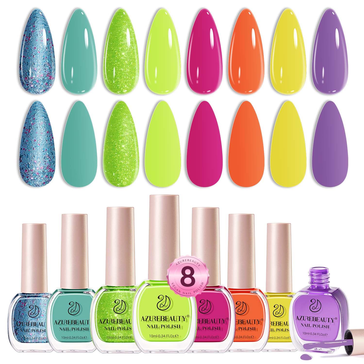 AZUREBEAUTY Summer 8 Colors Hot Pink Neon Blue Green Glitter Purple Yellow Orange Nail Polish Set Quick Dry, Perfect for Women Manicure Nail Art DIY