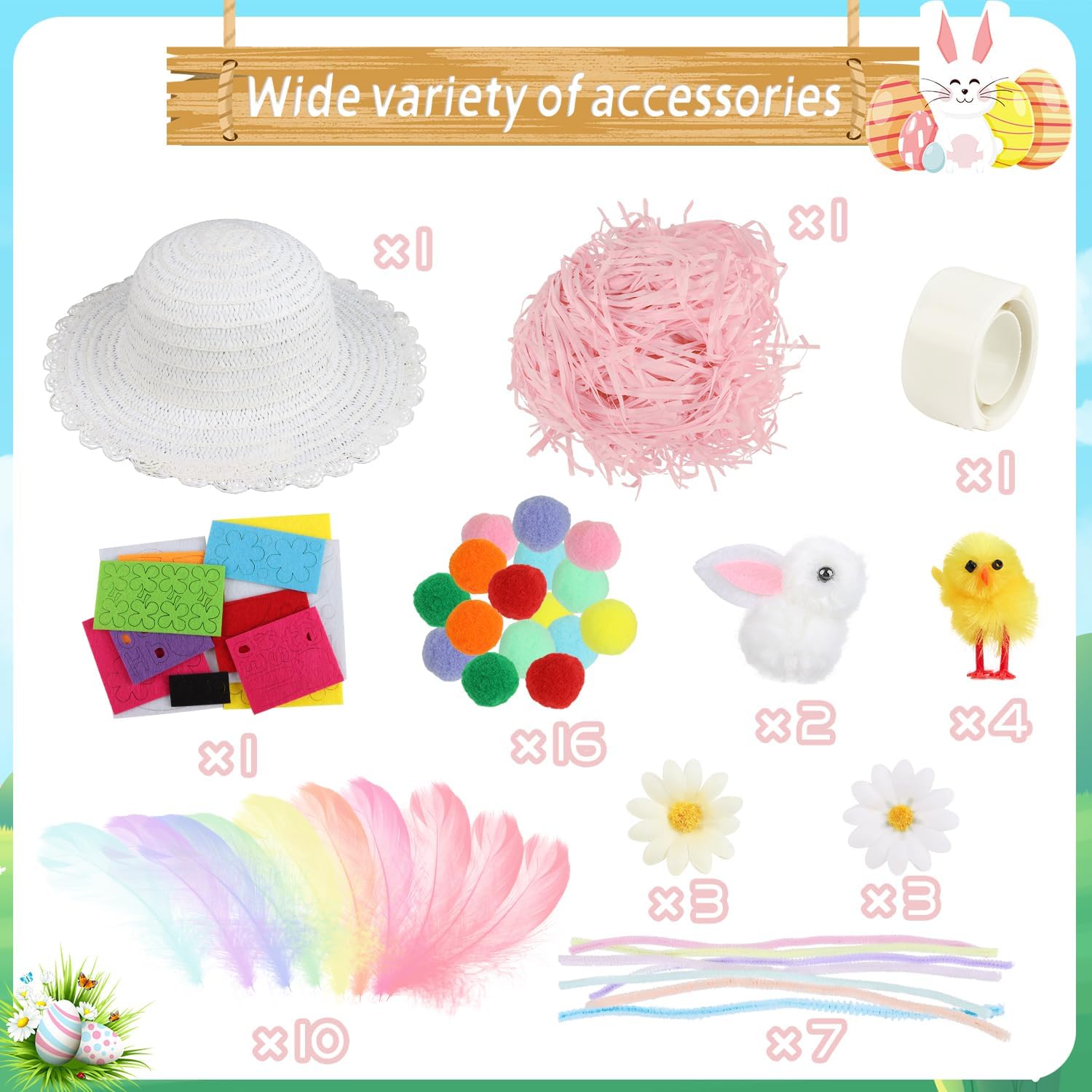 DERAYEE Easter Bonnet Kit, Make Your Own Cute Easter Straw Hat for DIY Easter Bonnet Decorations Spring Fun Activities (White)