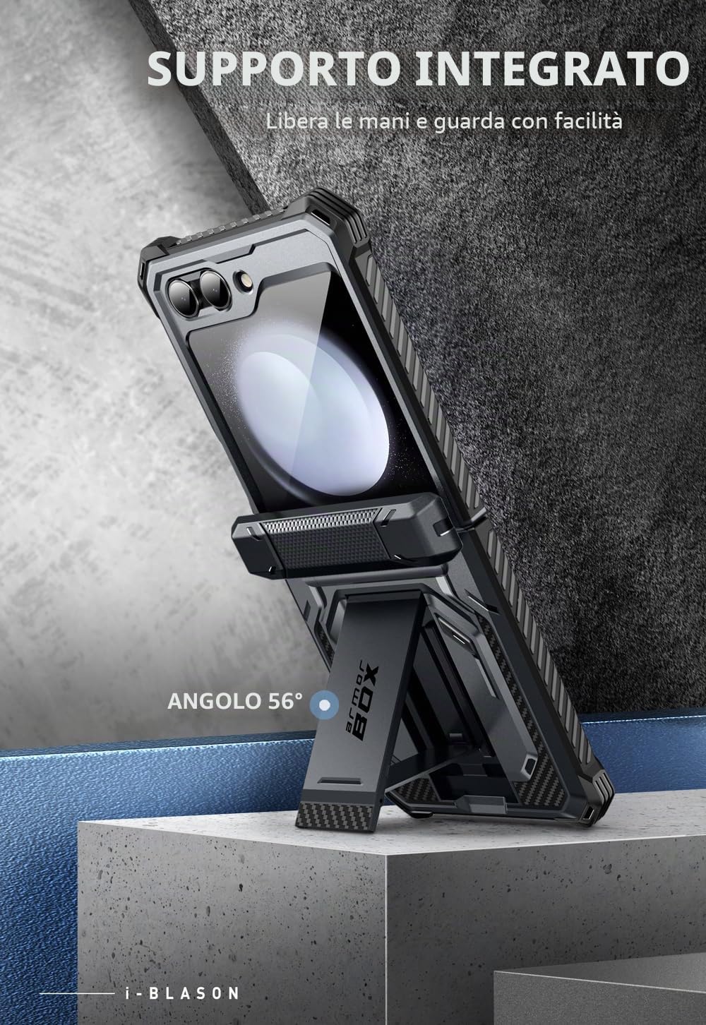 i-Blason Custodia per Samsung Galaxy Z Flip 5 con supporto, protezione per lo schermo integrata, protezione per cerniere, protezione completa con clip per cintura, custodia magnetica per Galaxy Z Flip