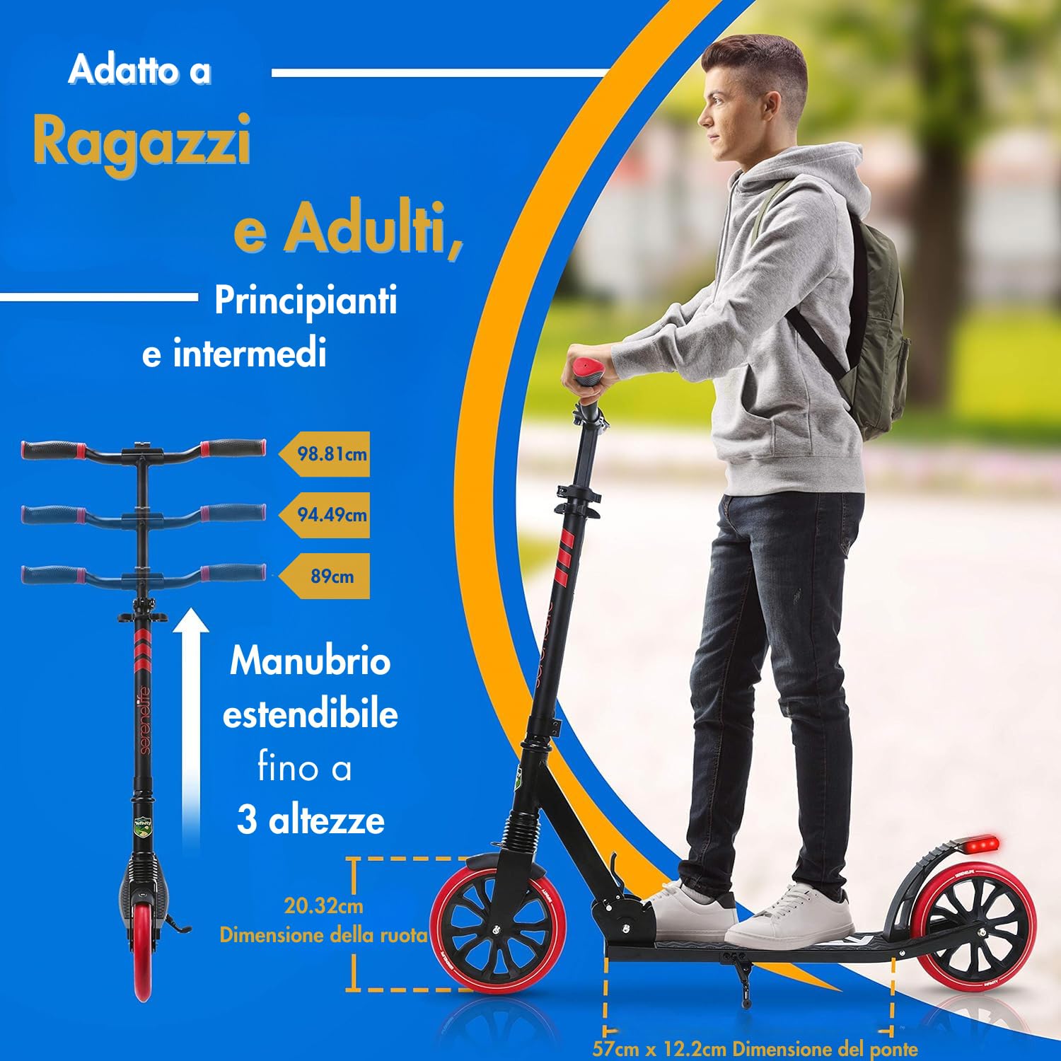 SereneLife Monopattino, Monopattino Bambini da 8 Anni, 2 Ruote con Manubrio Regolabile, Adulti e Adolescenti, Antiscivolo, Monopattino Pieghevole, Monopattino a Spinta e Portatile con Tracolla