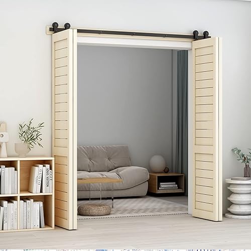 Miniatura 9 de Kit de herrajes para puerta corrediza de granero de 72 pulgadas para 4 puertas, se desliza suavemente silenciosamente, rodillo negro de montaje