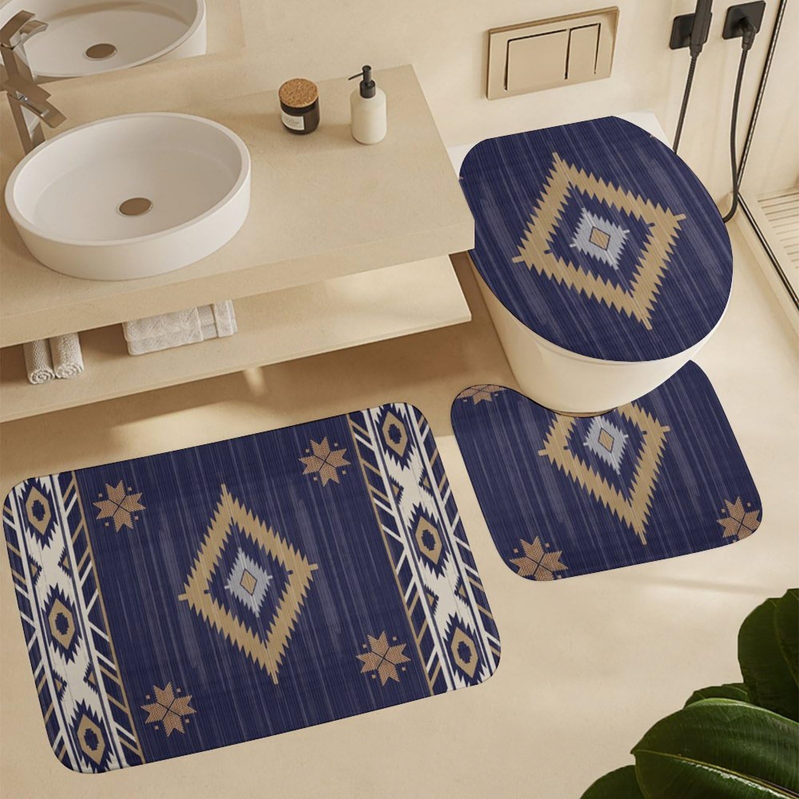 Yandier Southwestern Native American Aztec Navajo Indian 3-Piece Bathroom Rug Set Non-Slip Toilet Mat Absorbent Bath Rug Set Shower Mat Bathroom