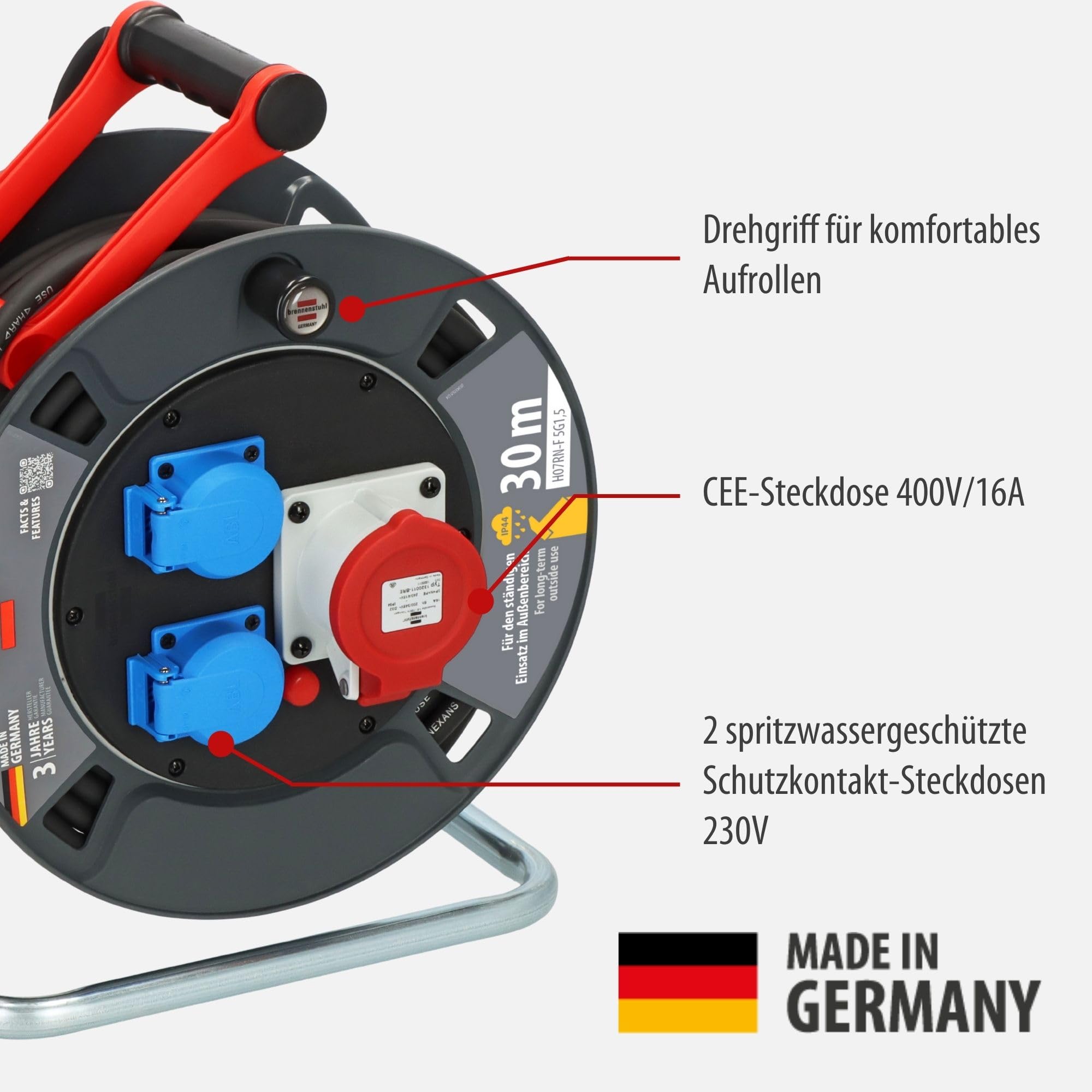 Brennenstuhl Garant Avvolgicavo CEE 1 V2 IP44 (CEE con cavo da 30 m di colore nero, Made in Germany, permanente utilizzo esterno IP44)