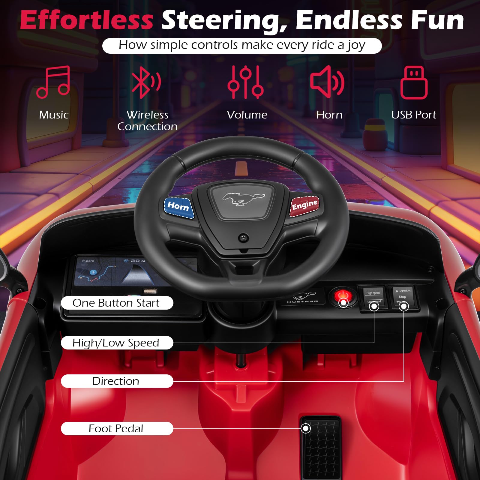 Costzon Ford Mach E - Veicolo elettrico per bambini con controllo genitori, luci LED, clacson, musica, connessione wireless e sospensioni a molla, giocattolo per bambini per ragazze e ragazzi (rosso)