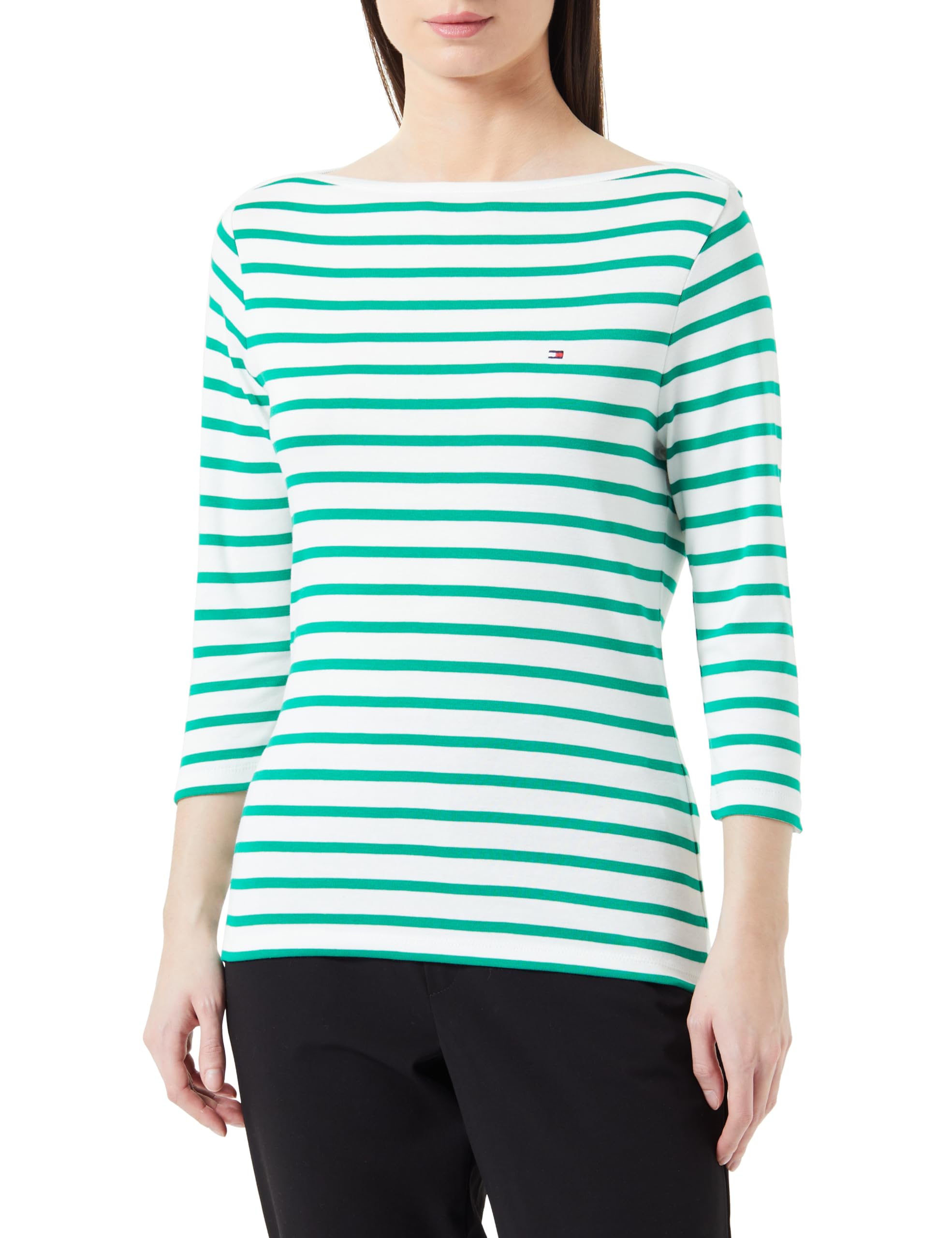 Tommy Hilfiger Women's New Cody Slim Boat-NK 3/4SLV WW0WW40589 S/S Knit Tops, Green (Breton Ecru/Olympic Green), S