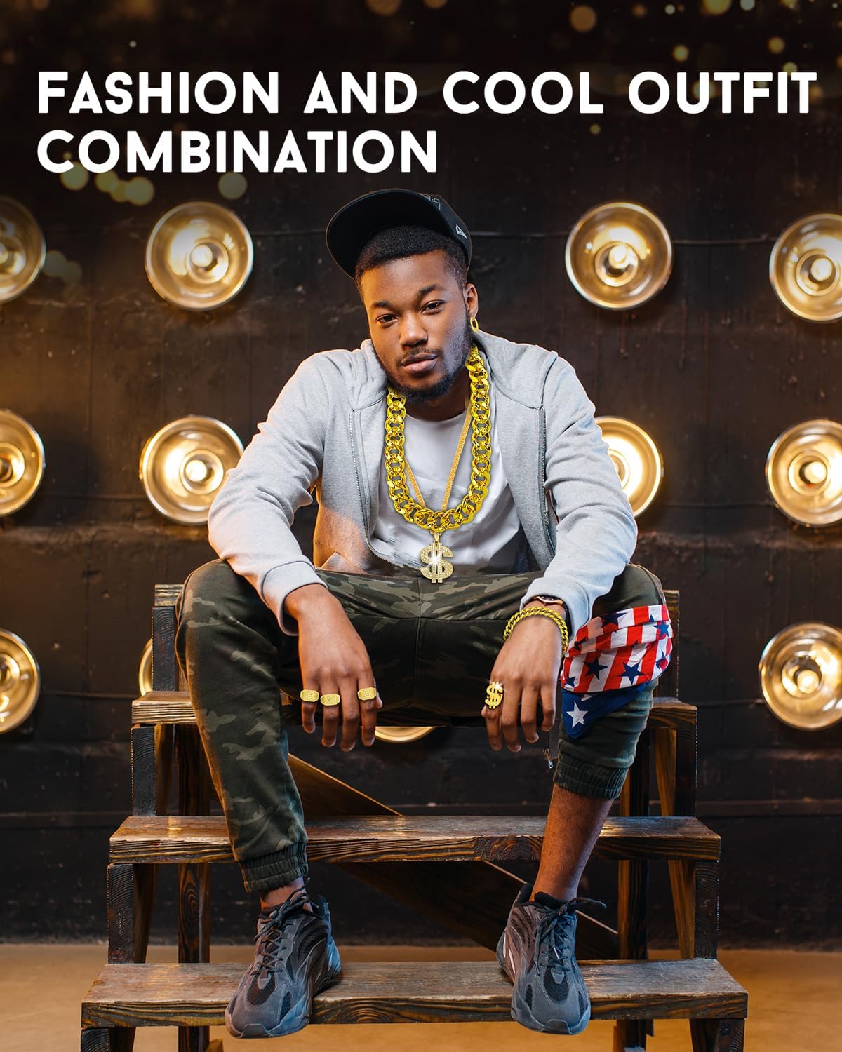 Hoedia 10 PACK 80s 90s Hip Hop Costumes Outfit Kit with Fake Gold Chains, Money Chains, Sunglasses, Dollar Sign Finger Rings, Earrings, Bracelet for Rapper Accessories for Men and Women Dress Outfits - Image 5