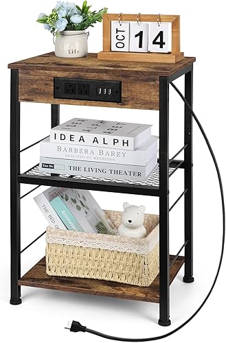 smusei Mesa auxiliar de 3 niveles con estación de carga, mesa auxiliar estrecha para sofá con puertos USB y tomas, mesita de noche para dormitorio