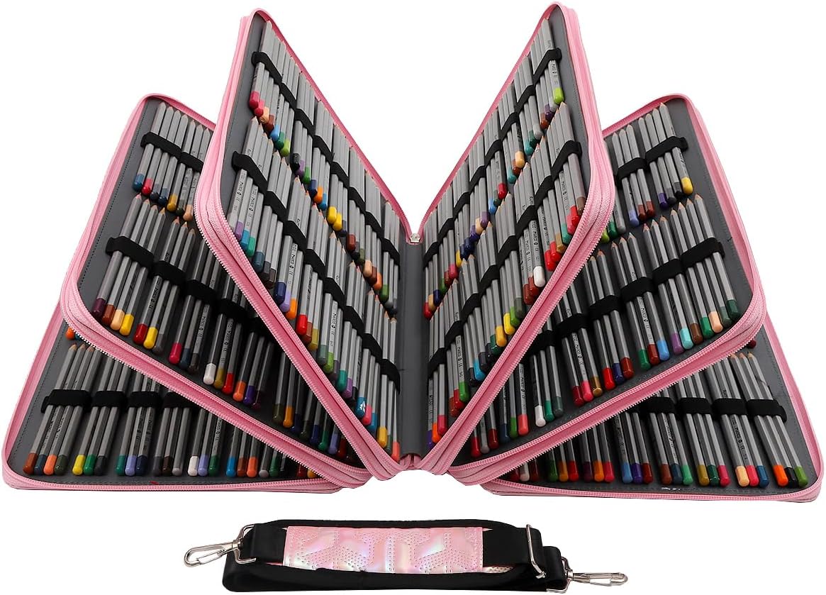 Large Capacity Colored Pencil Case - 500 Slots PU leather with Zipper Closure Portable Organizer for Watercolor Pencils Ideal for Artists（Pink）