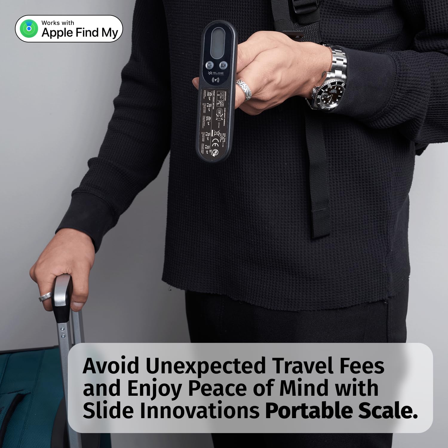 Slide Innovations Báscula digital de equipaje, báscula portátil para colgar equipaje con asa, batería incluida, ideal para maletas, equipaje y bolsas