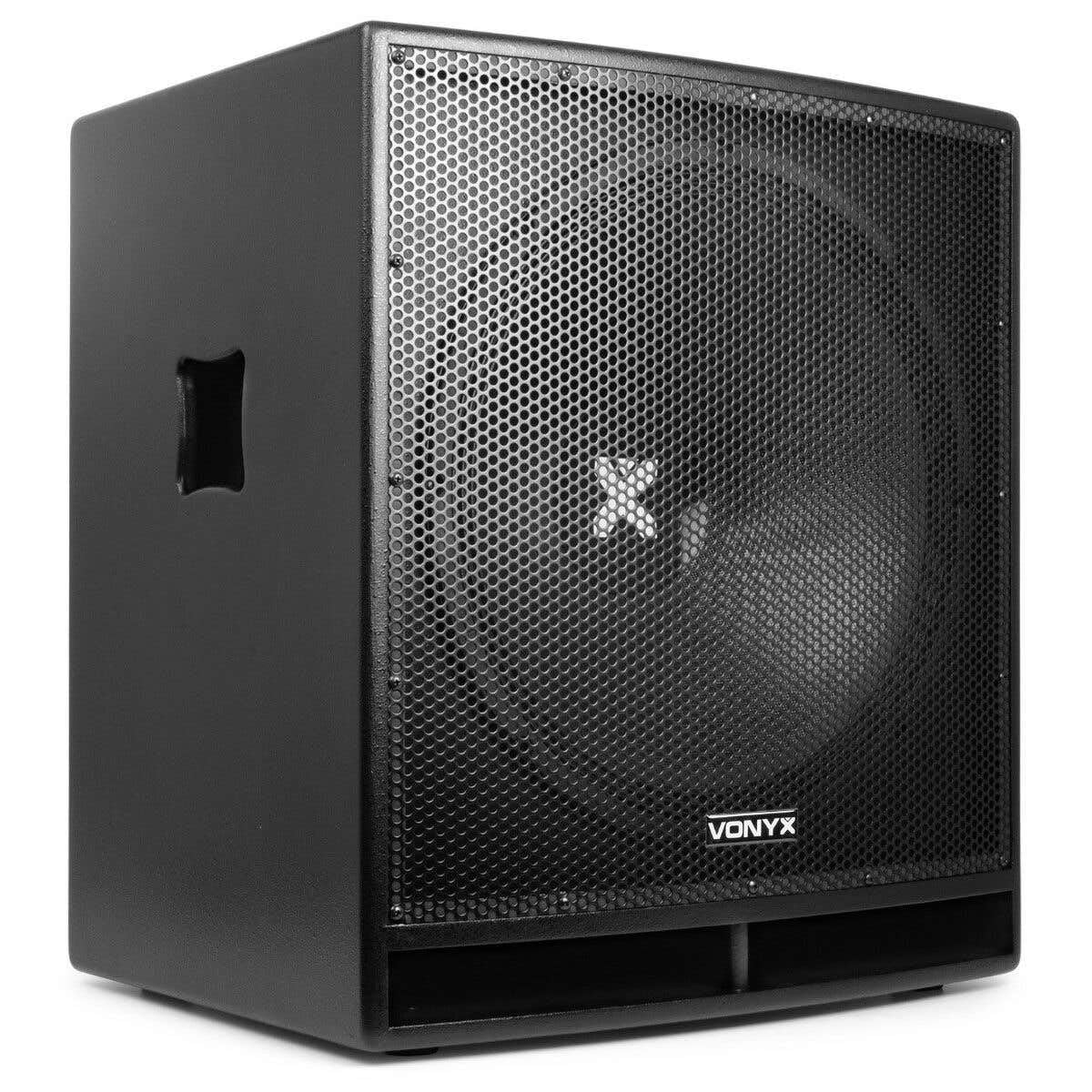 VONYX SWP18 Caisson de Basse Actif 1200W, Phase Réglable, Entrée/Sortie XLR + RCA, Amplificateur Intégré, Insert sur la Face Supérieure pour Enceinte Active, Grave 18", Idéal pour DJ Mobile