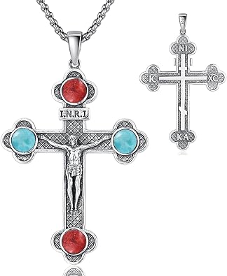 TUNGSTORY Orthodox Cross Necklace, Silver Crucifix Cross for Men Women Turquoise Jesus & Virgin Mary Cross Pendant Necklaces Christian Religious Jewelry Gift