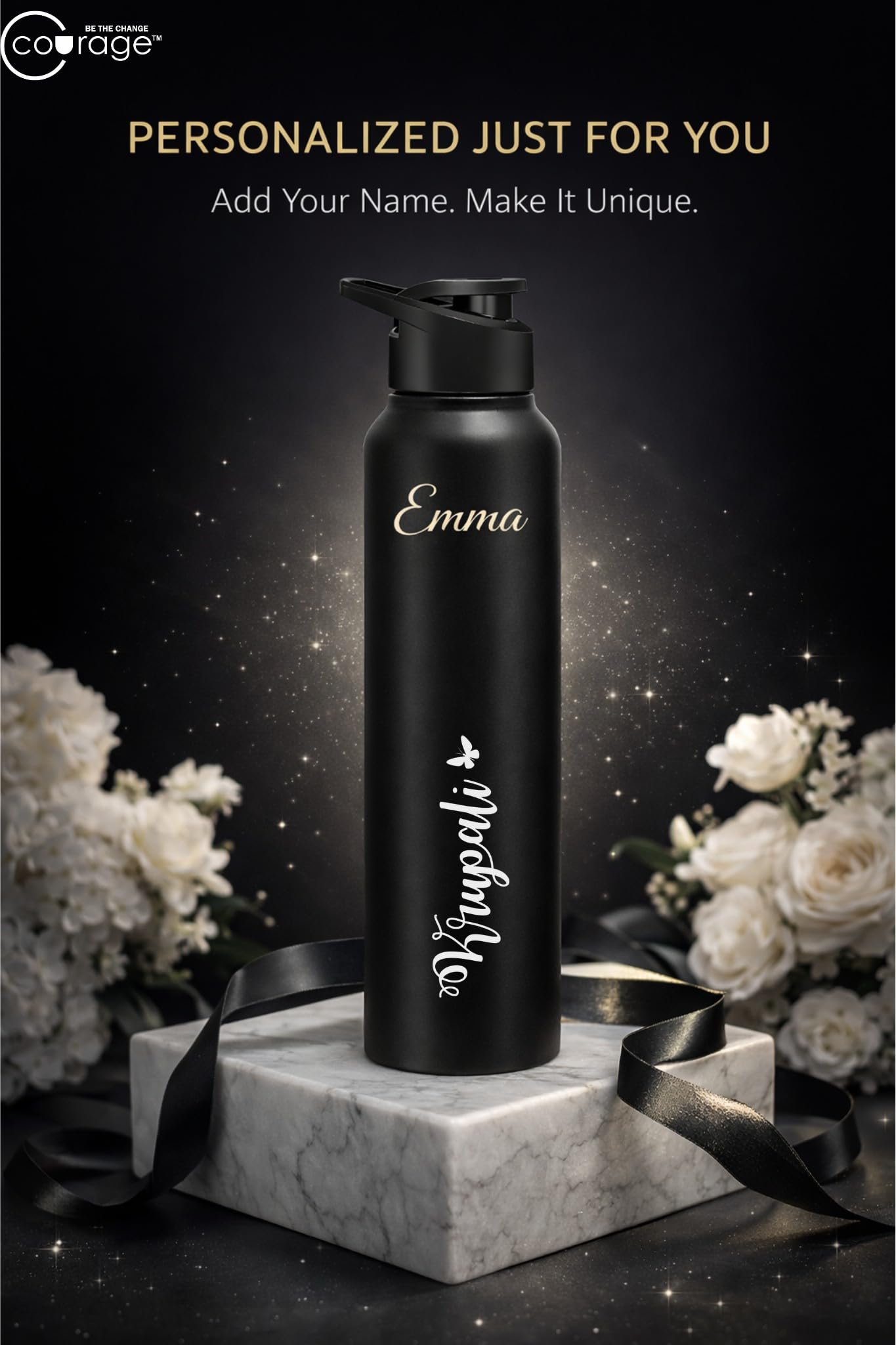 COURAGE Stainless Steel Customize Sipper Water Bottle 1Liter Leak Proof for Fridge Home Office Travel School Kids Boys Girls Adults Sports Gym Yoga - Black — Amazon image 3
