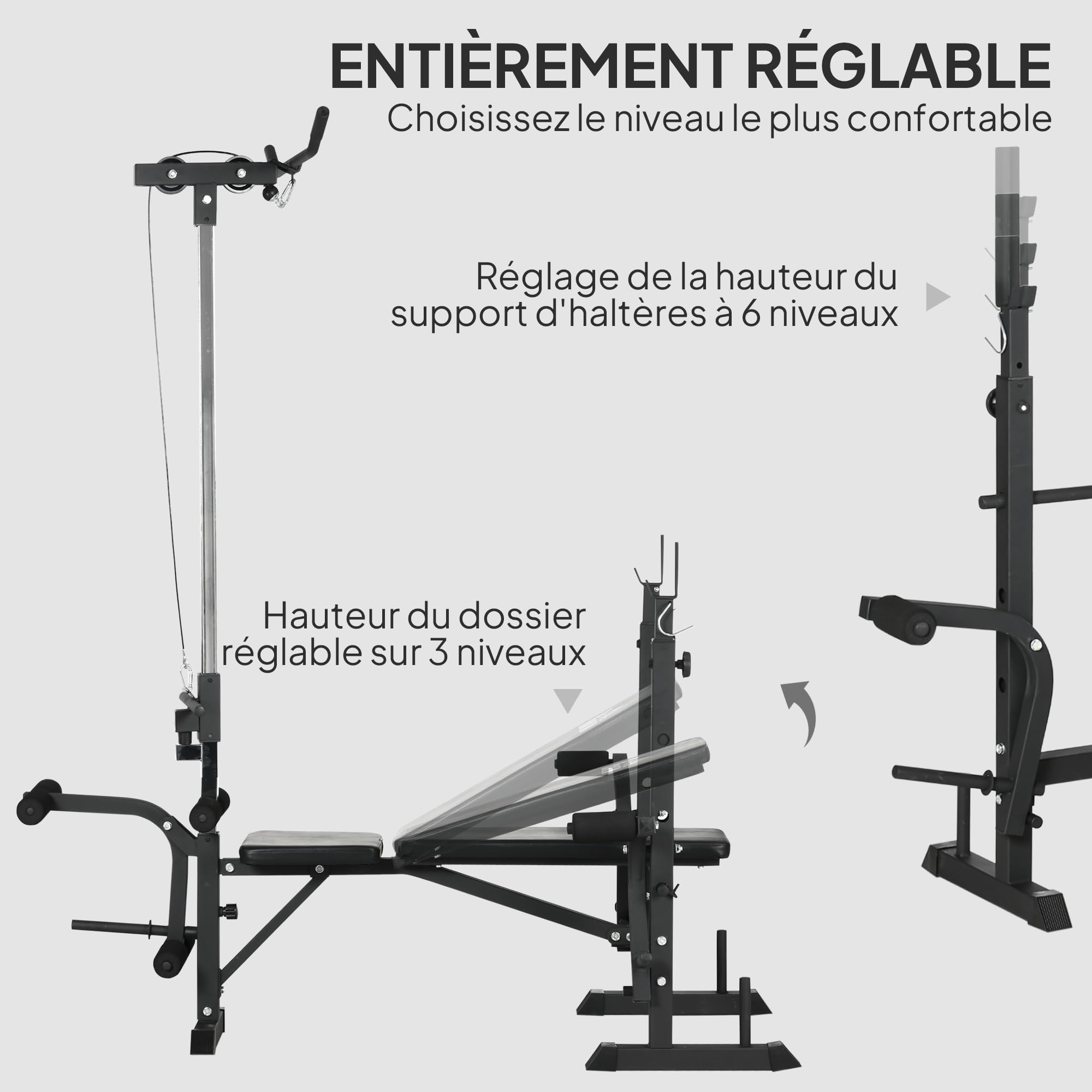 HOMCOM Banc de musculation complet multifonction avec dossier réglable, système de poulie, support pour haltères, écarté pectoraux, banc developper coucher à plat ou incliné entraînement fitness