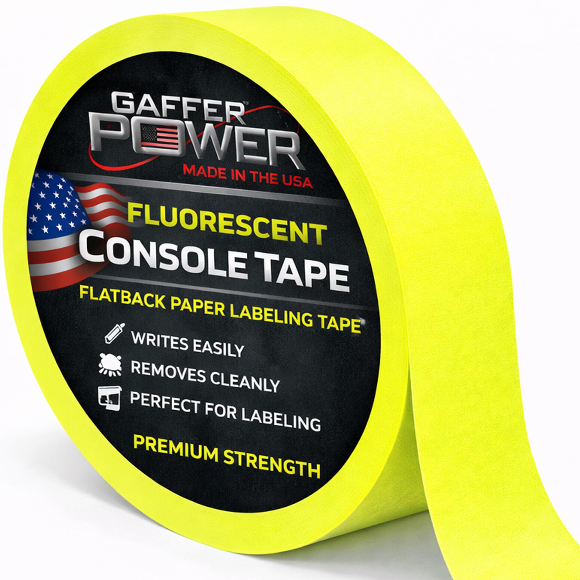 Gaffer Power Labeling Tape | Fluorescent Yellow | Clean Removable Adhesive Tape | Console Tape for Light Control Board, DJ Mixing Board, Audio Mixer | 1In x20Yds