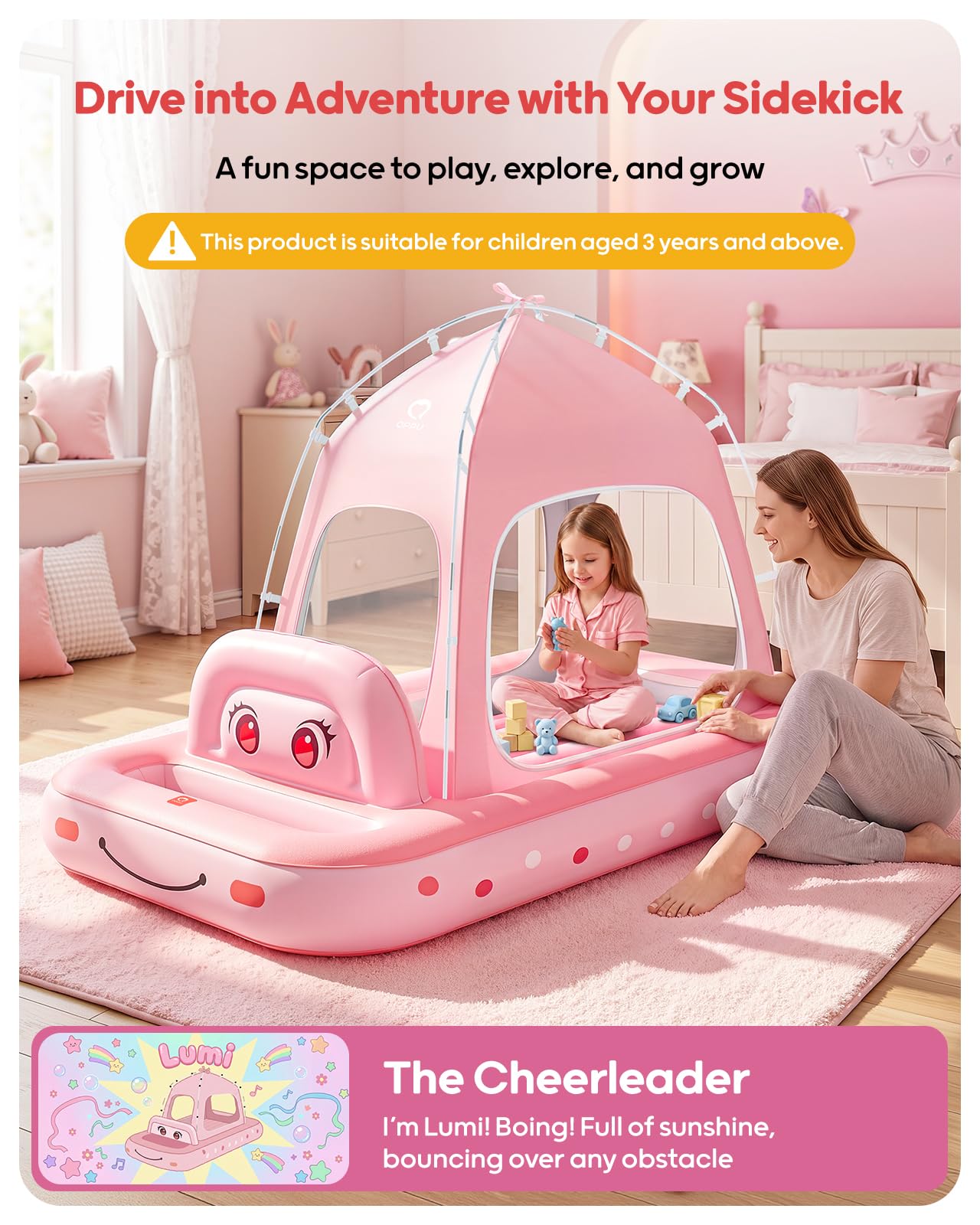 QPAU - Cama Inflable de Viaje para niños pequeños con Tienda de campaña, Color Rosa