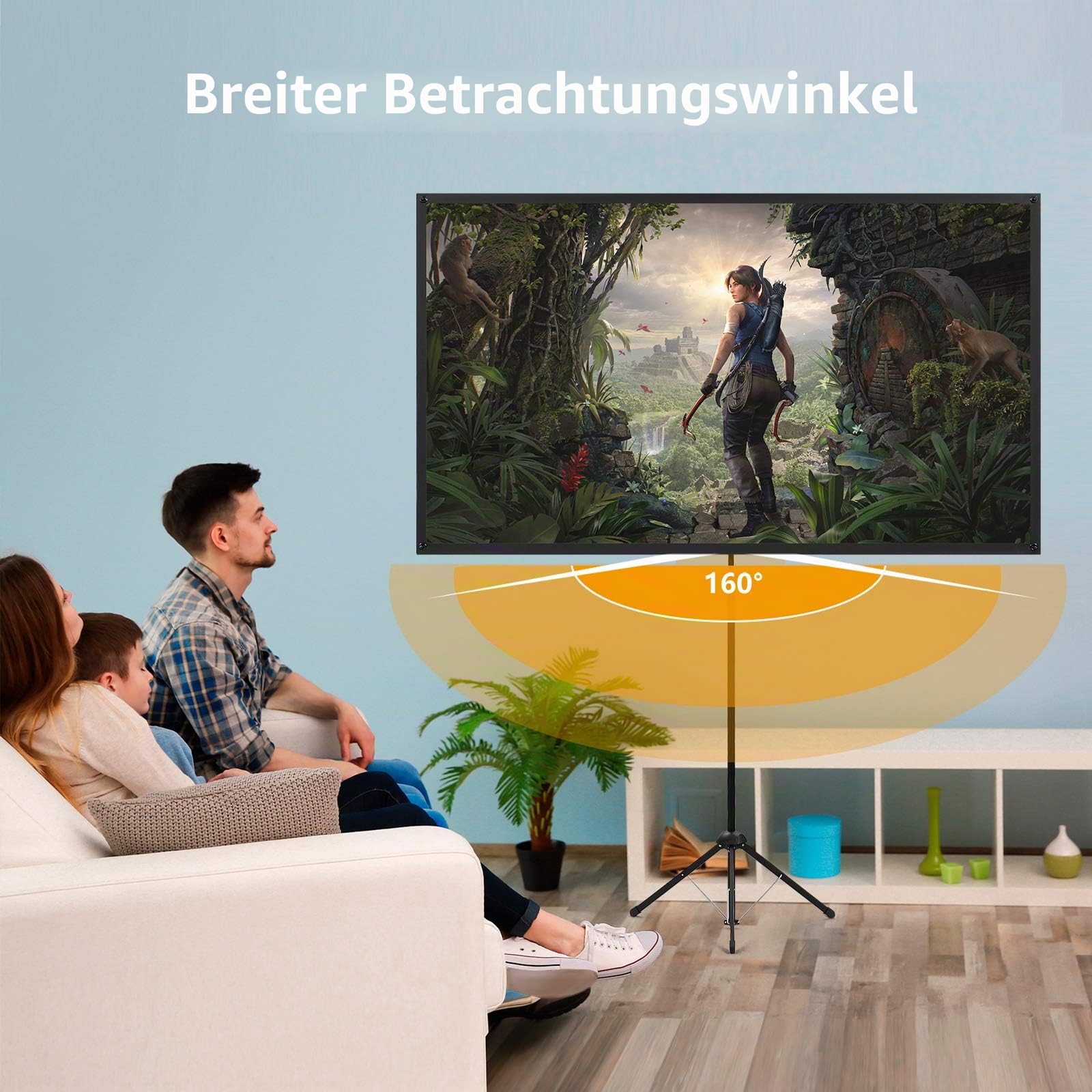 Beamer Leinwand mit Stativ, Tragbar Projektor Leinwand 80 Zoll, 16:9, 4K HD ProjektionLeinwand, Leicht und Kompakt, 2 Minuten Montage und einfacher Transportn, Ideal für Heimkino, innen/außen Filme.