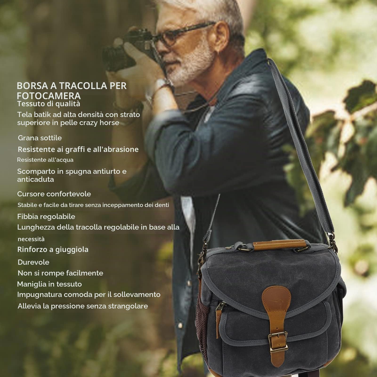 Borsa per fotocamera in tela, custodia a tracolla per fotocamera con tracolla regolabile borsa a tracolla portatile antiurto per fotocamera per fotografia di viaggio