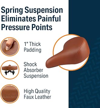 Bikeroo Wide Cruiser Saddle - Comfort Seat Fits Indoor & Outdoor Bicycles - Steel Spring & Elastomer Suspension - Memory Foam