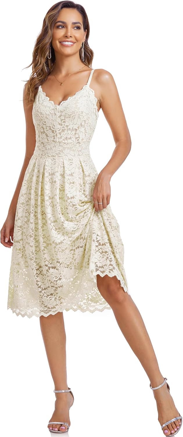 Atnlewhi Womens Spaghetti Strap V Neck Sleeveless A Line Lace Dresses for Evening Cocktail Formal Wedding Guest - Image 2