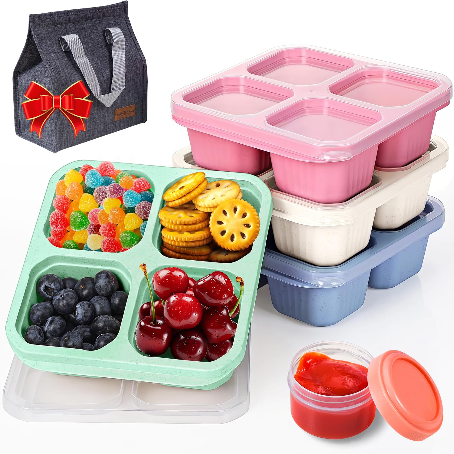 KTKUDY Paquete de 4 recipientes para aperitivos con bolsa de almuerzo y caja de salsa, 4 compartimentos, caja de aperitivos Bento,