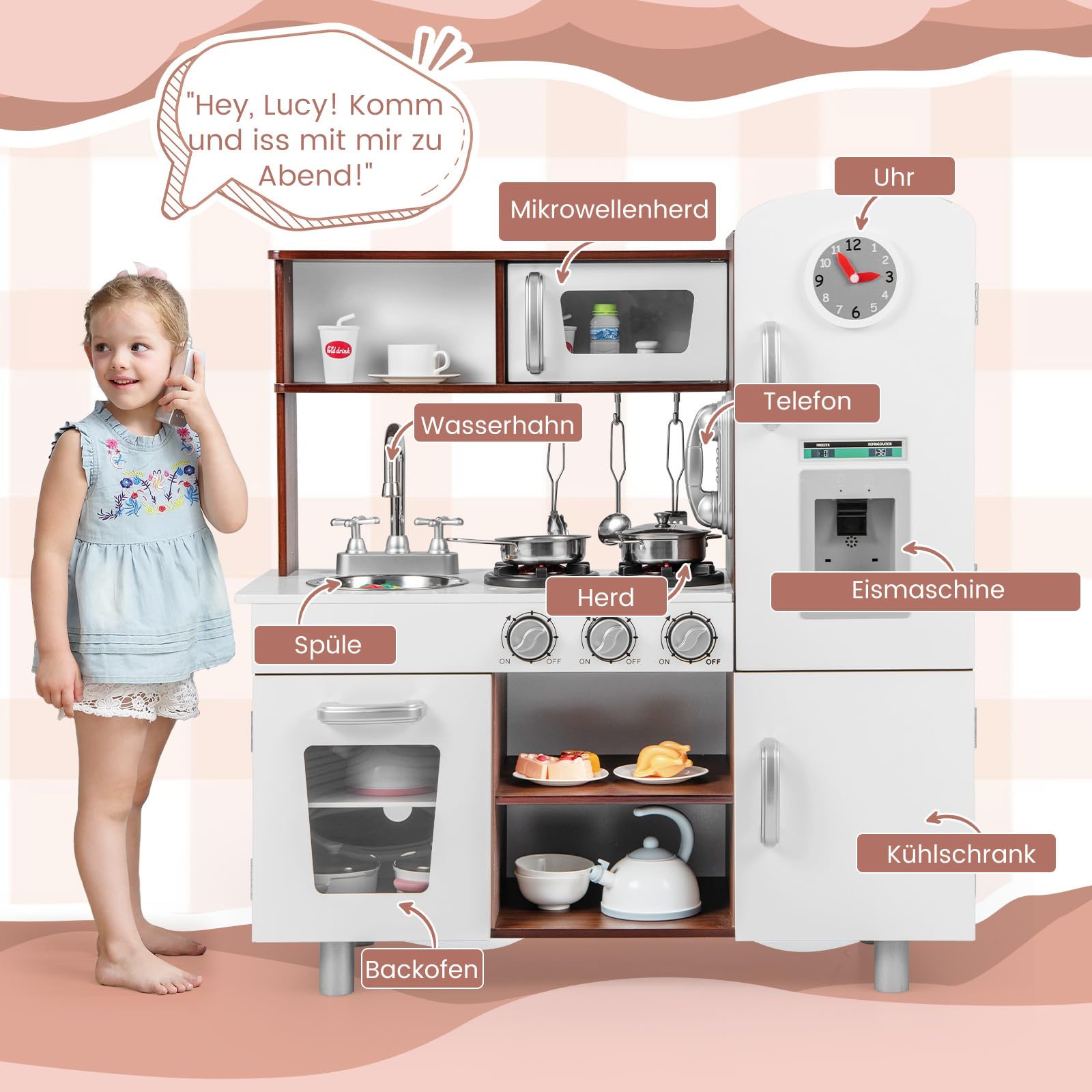 DREAMADE Kinderküche mit Licht und Sound, Kinder Spielzeugküche mit Spüle Herd Mikrowelle Kühlschrank Backofen, Kinderspielküche, Spielküche aus Holz mit Zubehör für Kinder ab 3 Jahren (Weiß + Braun)
