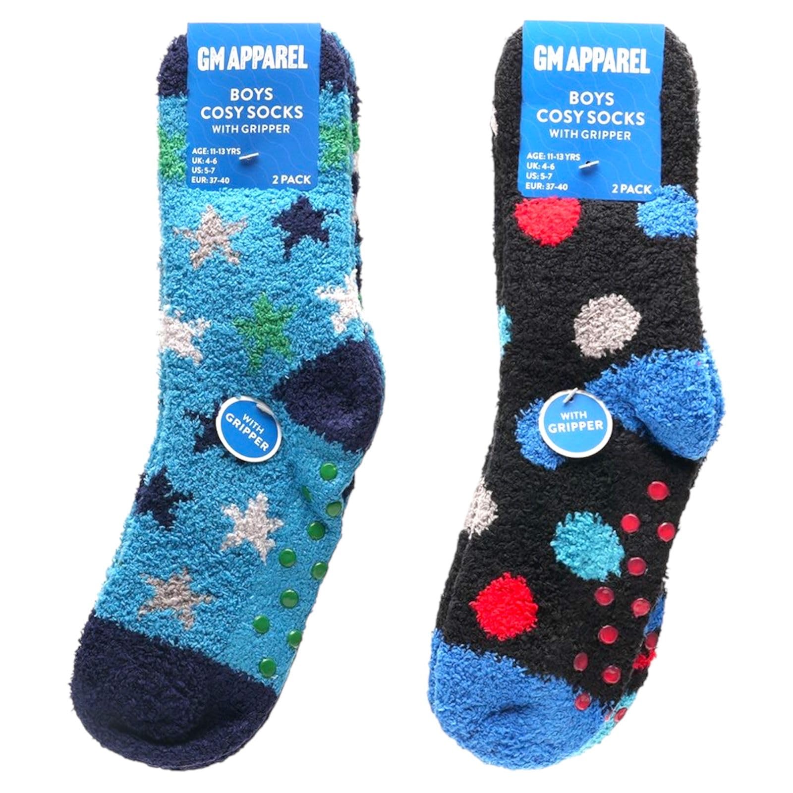 GM Apparel Lot de 4 paires de chaussettes moelleuses pour garçons - Antidérapantes - Chaussettes de lit - Super douces et pelucheuses - Thermiques confortables - Motif étoiles