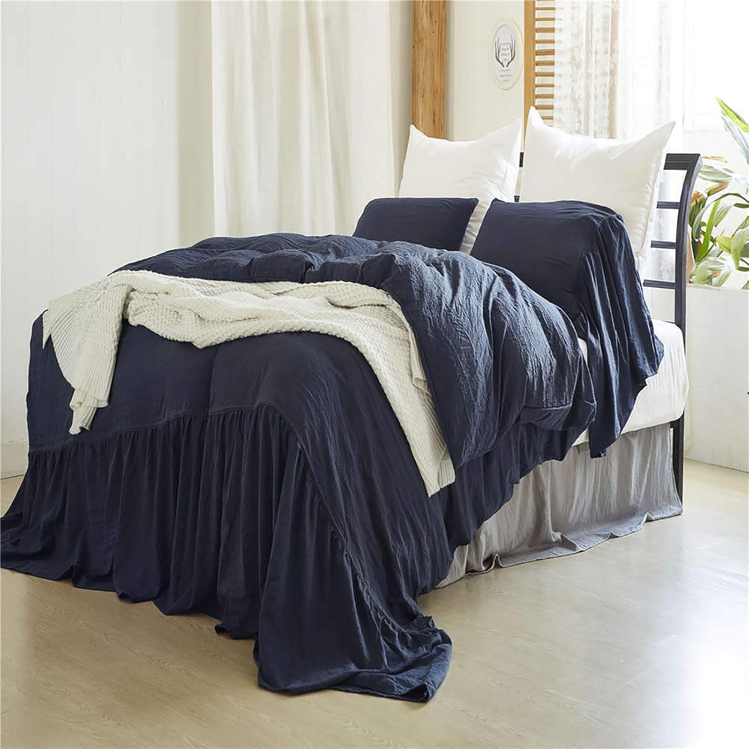 Vintage Romantic Country Style Farmhouse Duvet Cover,Solid Color Comforter Cover Mermaid Tail Quilt Cover,Ruffle Washed Cotton Duvet Cover Set 3pcs-Navy King 264x229cm(104x90inch)