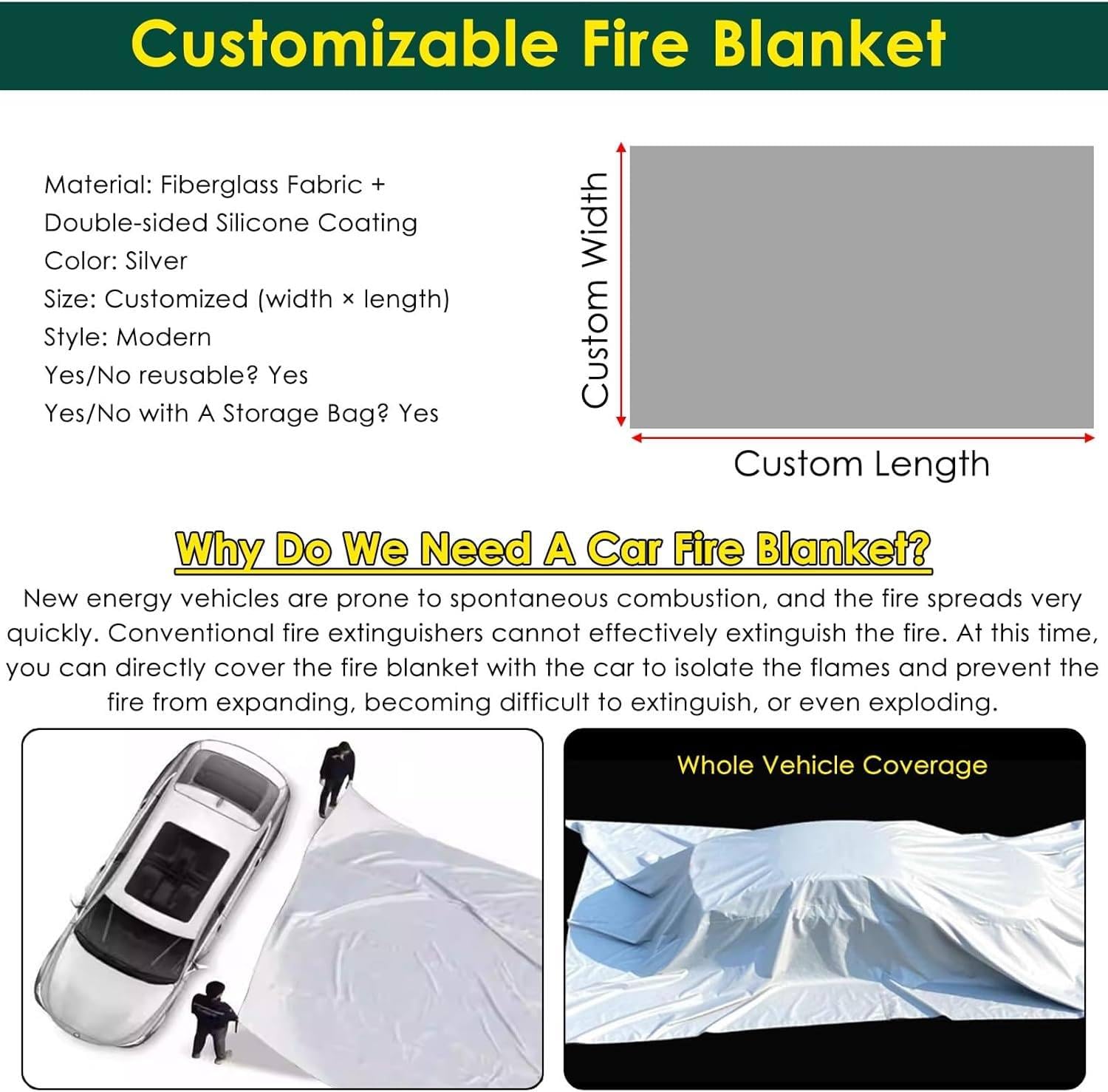 Manta de incendio de emergencia para automóvil, cubierta de vehículo resistente al fuego, fibra de vidrio recubierta de silicona, protección térmica de 1100 ° C, reutilizable para incendios de motores