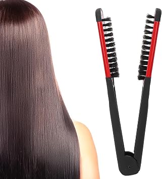 Clamp Hair Straightening Brush - Double-Sided Bristle Brush for Hair Straightening, Styling and Hairdressing for Women and Men Red