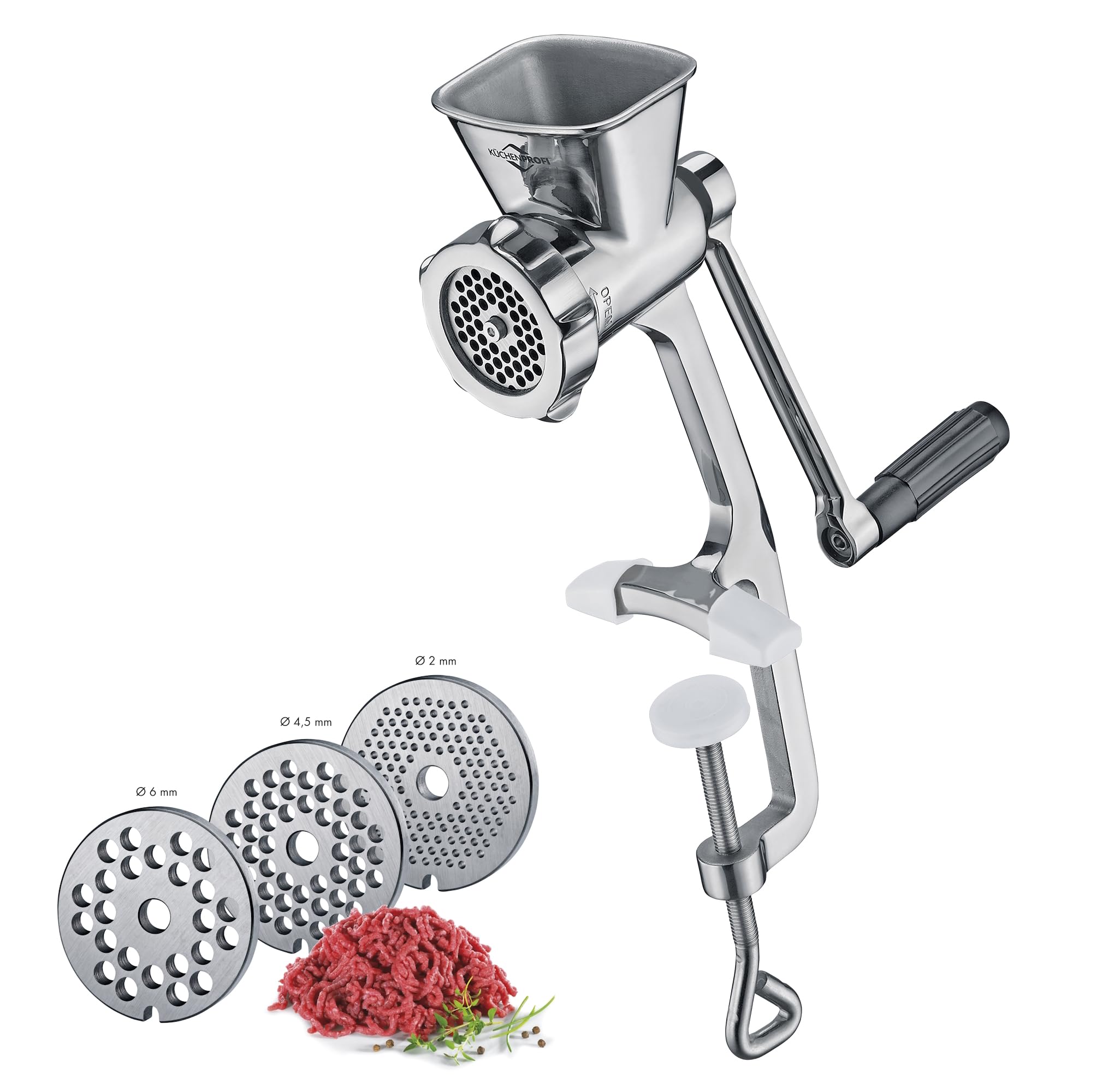 Küchenprofi Solido tritacarne manuale in acciaio inox 2.0, con 3 dischi forati, inserto per pasticceria e 3 set di riempimento per salsicce, con morsetto da tavolo extra grande, 12 x 10 x 40 cm