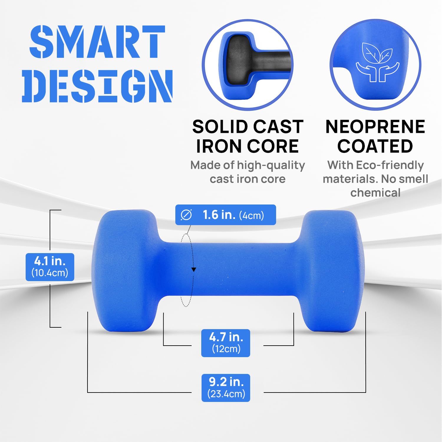 Yes4All Manubri in neoprene, set di 2 pesi per mani, comodo cavo di tipo C incluso, 0,9-9,1 kg, impugnatura comoda per un allenamento sicuro a casa, rivestimento in neoprene antiscivolo con design