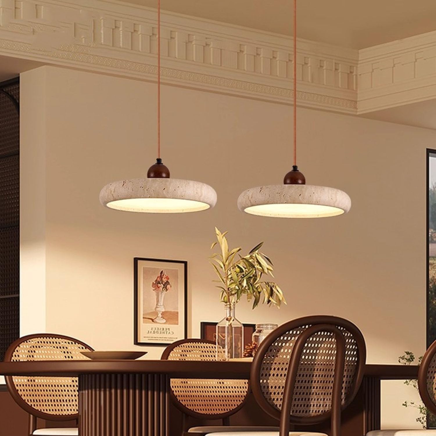 Wabi Sabi Pendelleuchte | Höhenverstellbar & Dimmbar LED mit Naturstein (Gelber Höhlenstein) & Holz | Für Schlafzimmer, Kücheninsel, Essbereich, Wohnzimmer (Walnuss, Ø30cm, Warmweiß)