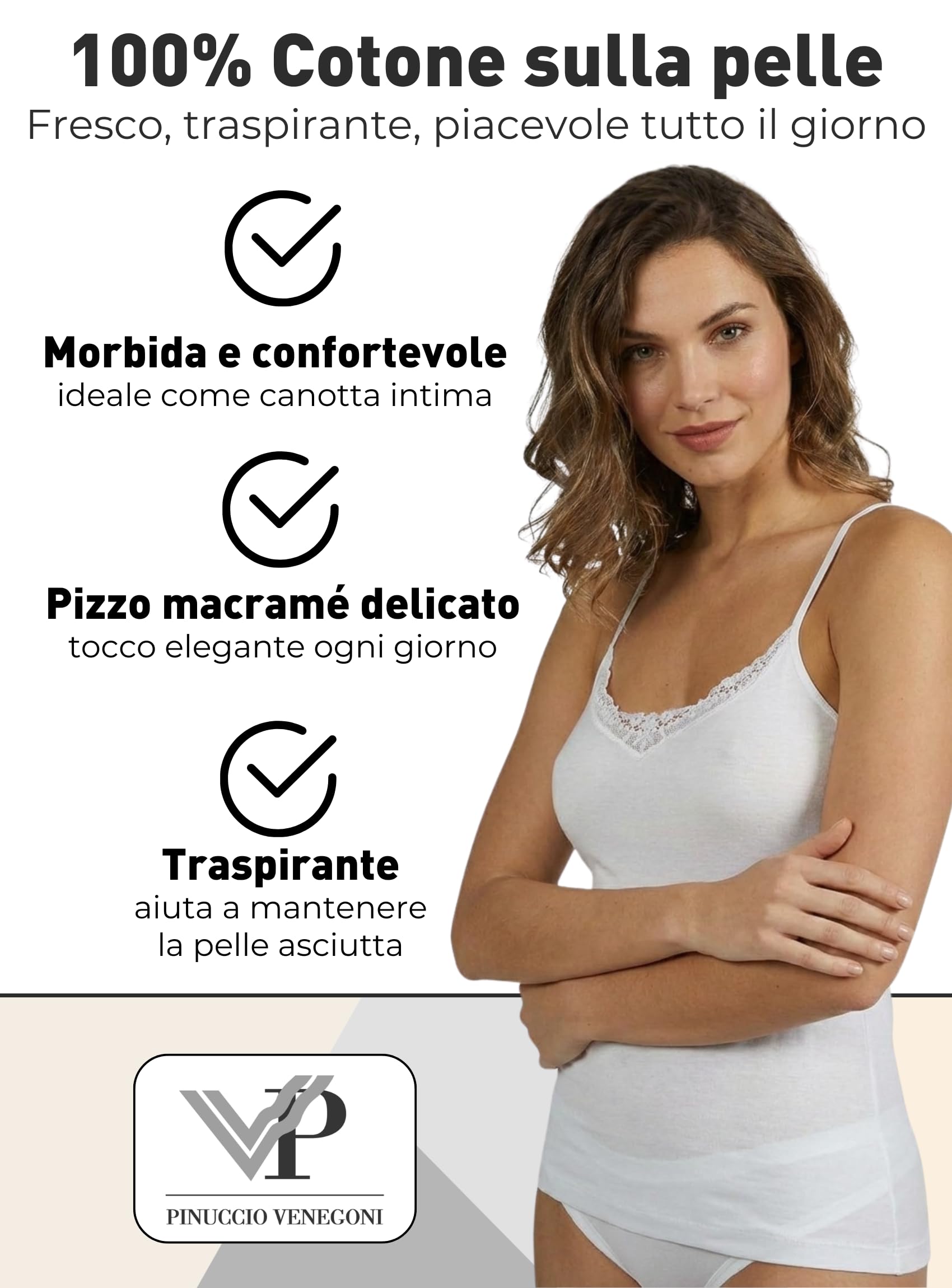VP PINUCCIO VENEGONI Set 2 Canottiere Donna Cotone 100% Mercerizzato Spalla Stretta | Pizzo macramé, Spalline Sottili, Top Intimo Elegante | Made in Italy