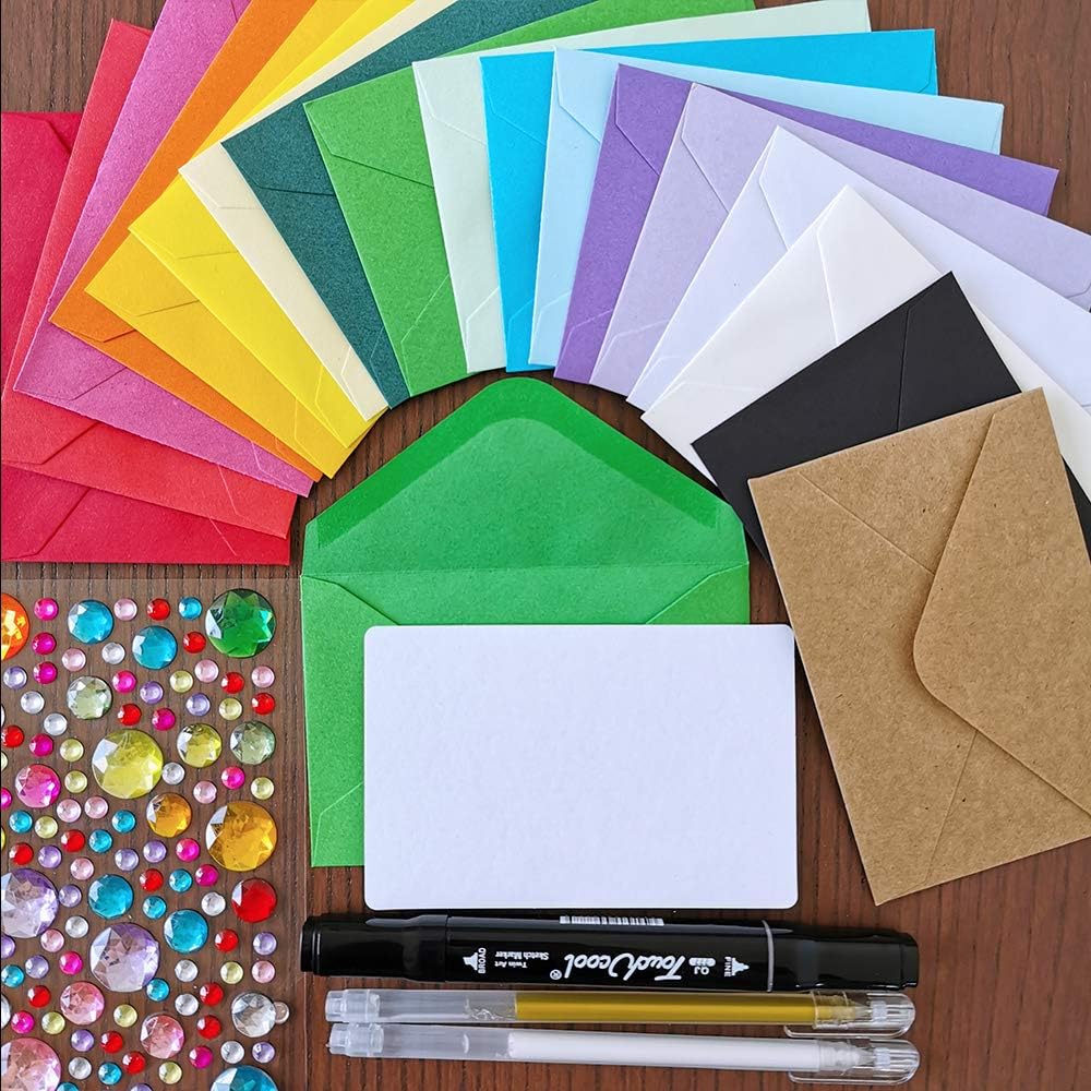144 Sets 18 Colors #56 Mini Envelopes Coin Envelopes Pocket Envelopes 3 x 4 1/2 with Blank White Flat Business Cards Small Gift Notecards Quick Thank You Note Lunchbox Note for Party Shower Greeting