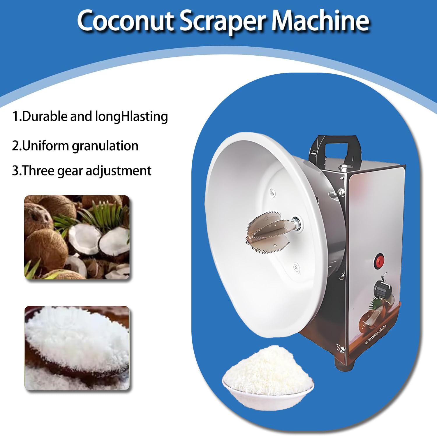 Rallador de Coco eléctrico de 3 velocidades, Herramienta Comercial de Acero Inoxidable para Quitar la Pulpa del Coco con Cubierta Antipolvo, para panadería y Uso doméstico.