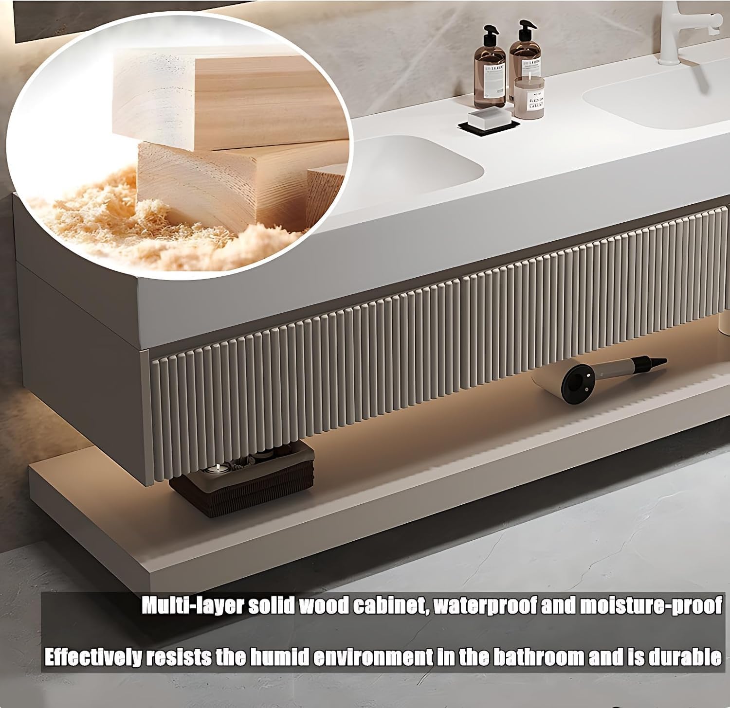 Double Sink Bathroom Vanity - Solid Wood Bathroom Vanity with Smart Defog Mirror ＆ Light, Floating Design with Abundant Storage Space (77.5IN,No Mirror Cabinet, No Sink)