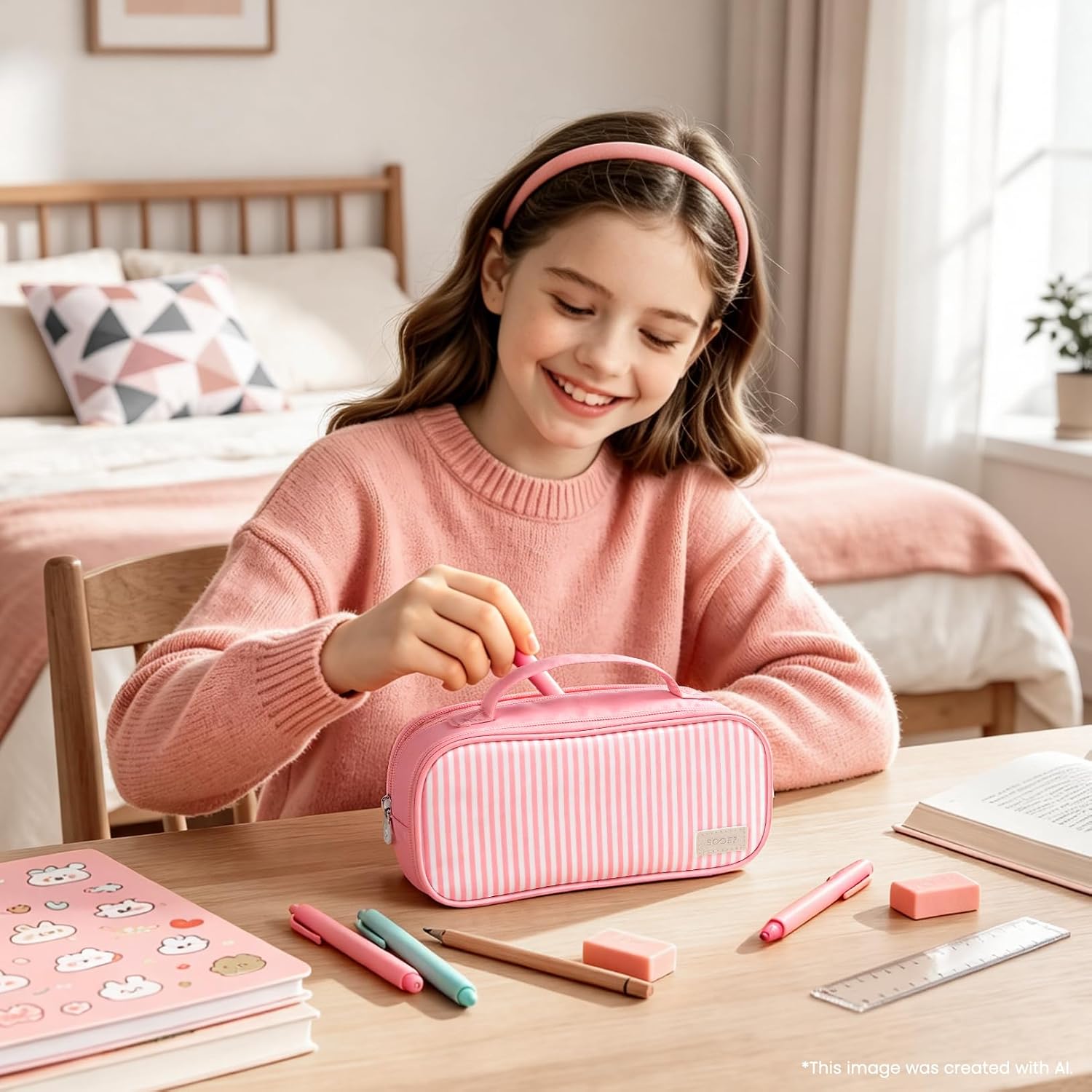 Sooez Pencil Case for Girls, Cute Striped Pencil Pouch Pen Bag, Pink