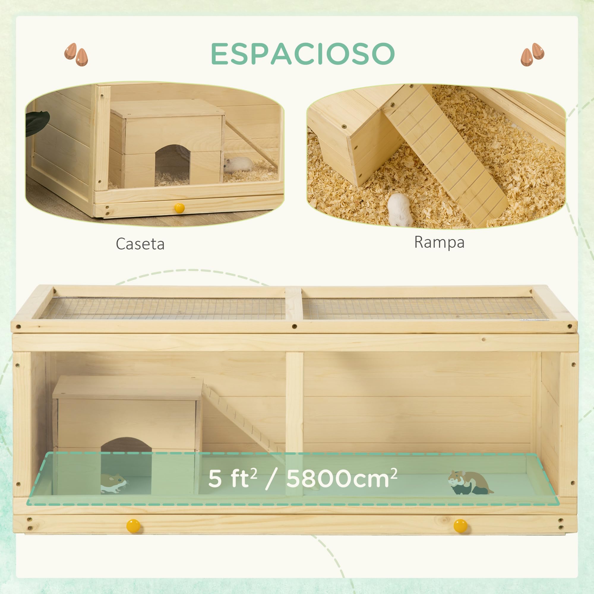 PawHut Jaula para Hámster con Panel de Acrílico 100x58x38 cm Casa para Hamsters de Madera con Tapa Abatible Bandeja Extraíble y Nido para Chinchillas Conejos Natural