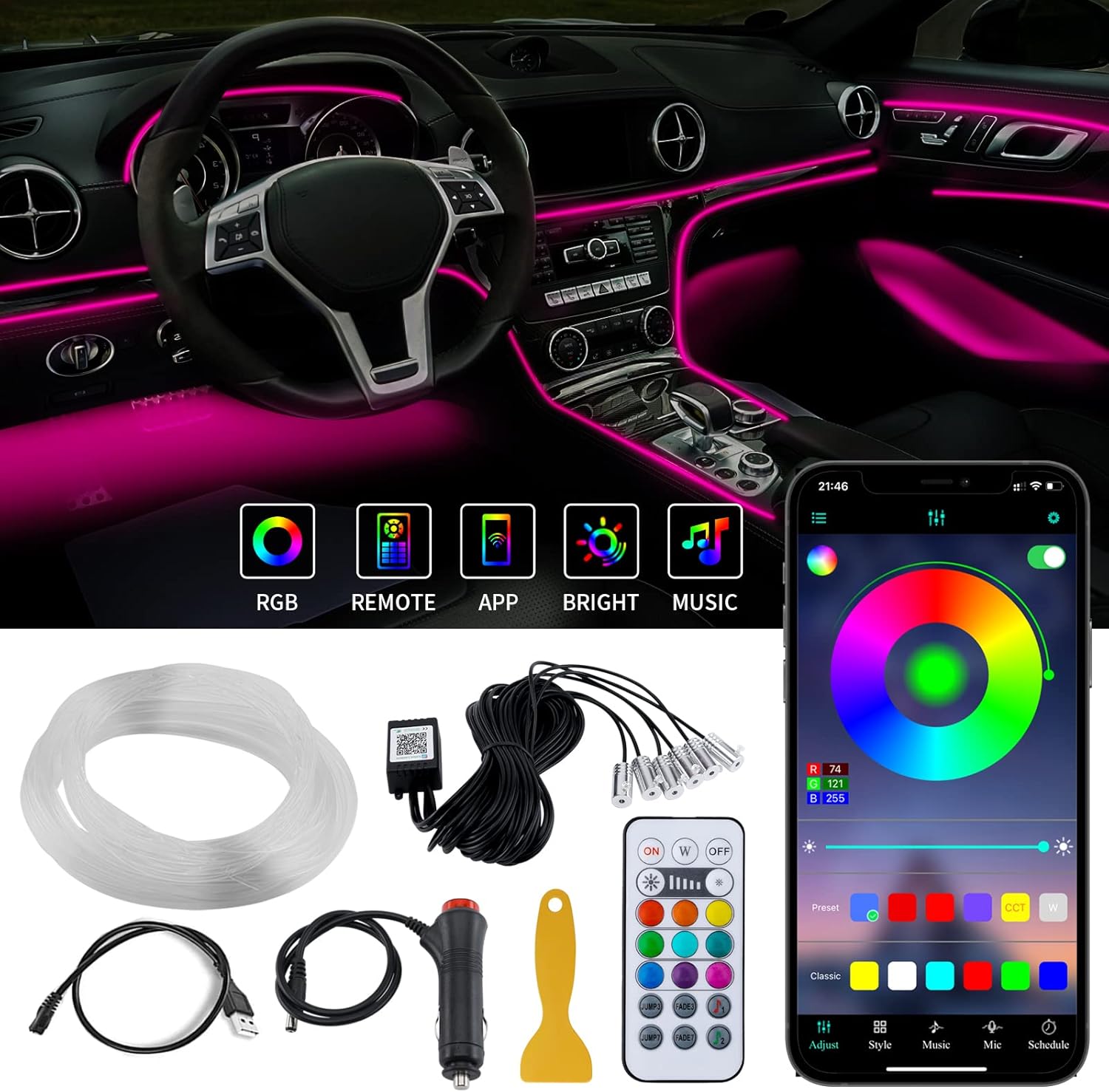 Car LED Interior Strip Lights,RGB 16 Million Colors 6 in 1 Change with The Music, 315" Fiber Optic, Automobile Atmosphere Ambient Neon Lighting Kit -Bluetooth APP Control and Remote Control