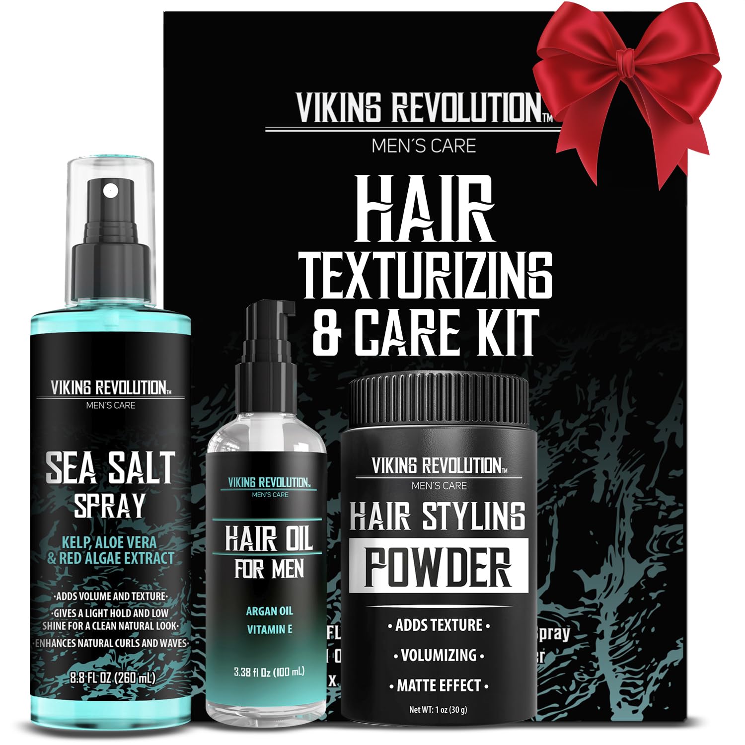 Viking Revolution Sea Salt Spray for Hair Men (8fl oz), Hydrating Hair Oil for Men with Vitamin E (3.38fl oz) and Styling Powder (1oz) - Mens Styling Texturizing Kit