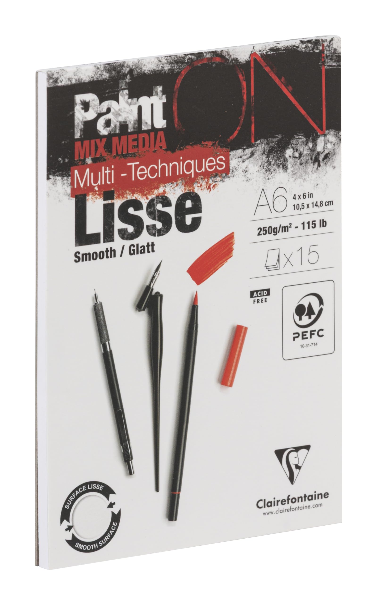 Clairefontaine 960062C PaintON Multi-Technique Smooth A6 10.5x14.8 cm 250g Block - 15 Sheets of Multi-Technique Drawing Paper with a Smooth Surface - White