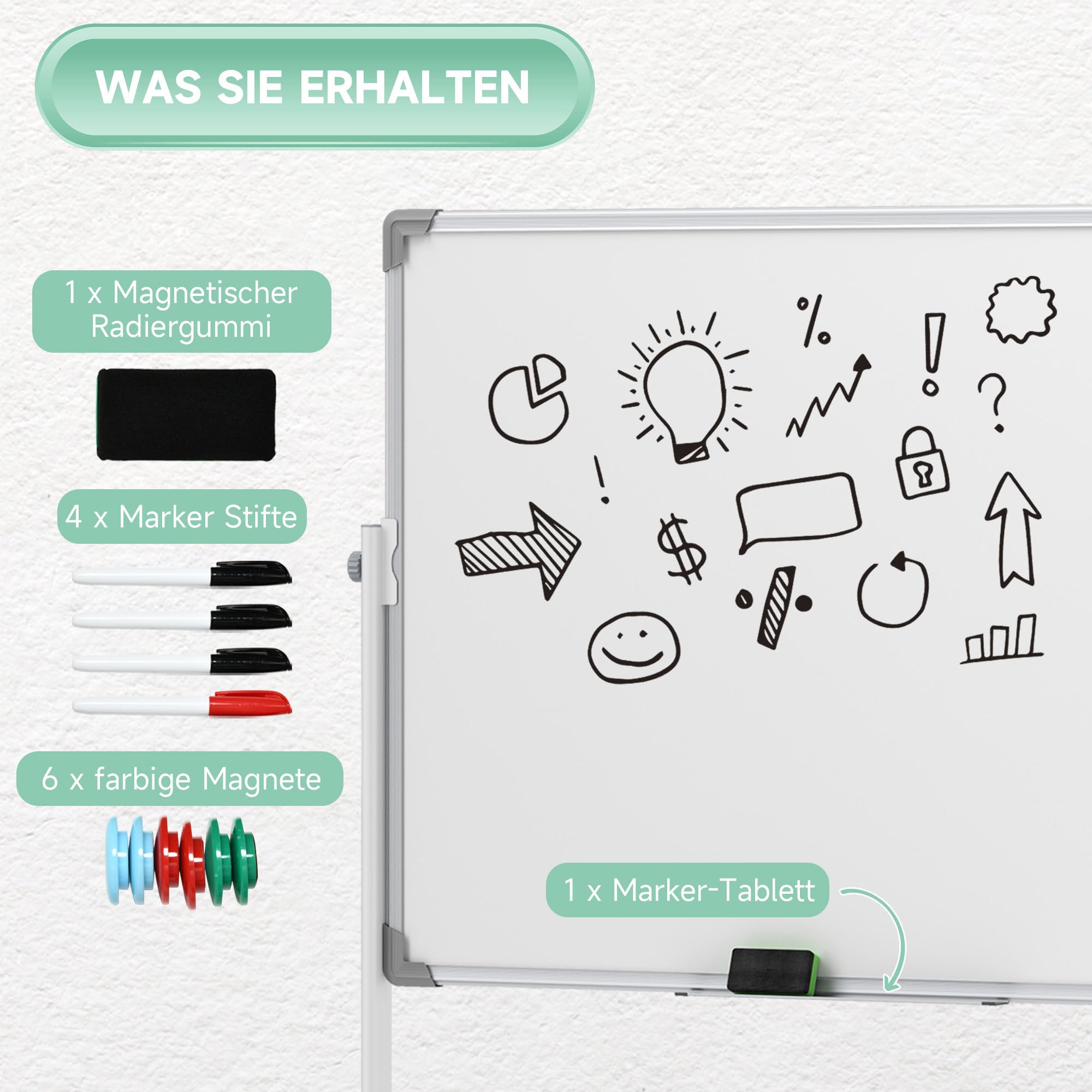 HOMCOM Doppelseitiges Magnetisches Whiteboard mit Ständer 120 x 90 cm | Trocken Abwischbar, Magnettafel, Präsentationstafel, Stiftablage, Alurahmen, Drehbar, Rollbar, für Büro und Haus