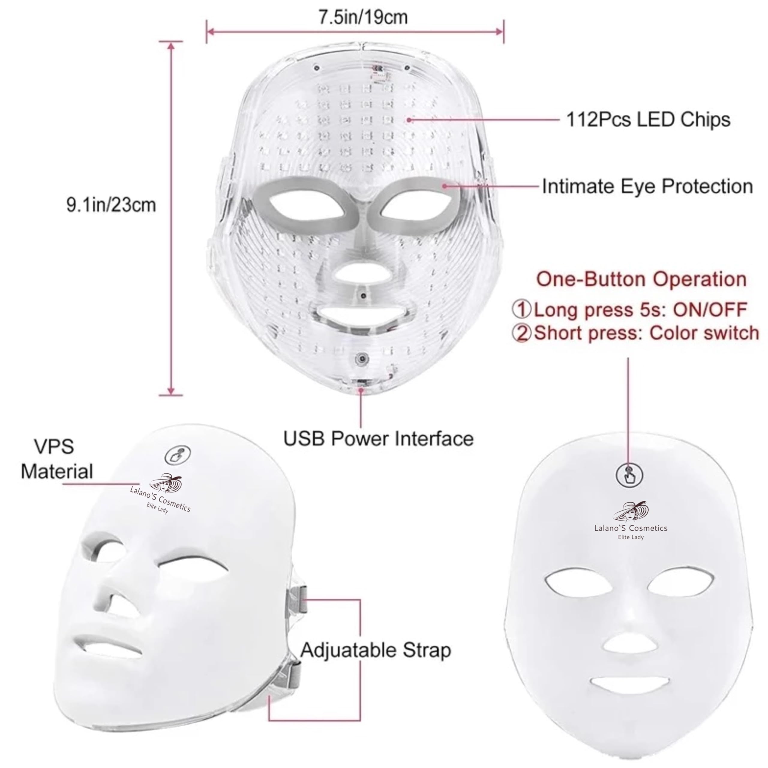 Lalano'S Cosmetics maska na twarz LED, 7 kolorów, przeciwstarzeniowa, trądzikowa i ujędrniająca skórę, terapia światłem, 112 diod LED, możliwość ponownego ładowania, certyfikat CE, dla kobiet i