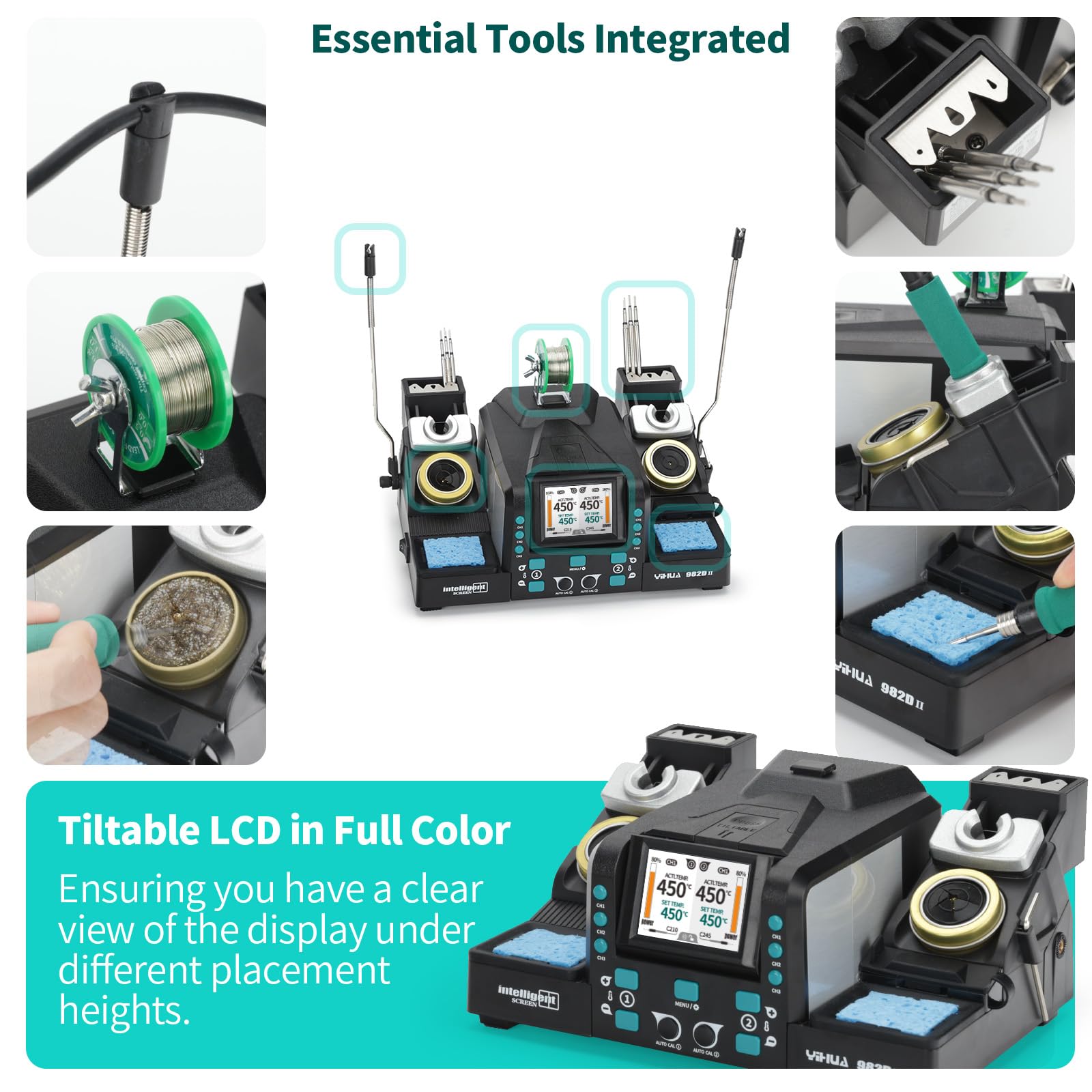 YIHUA 982D-II 2-IN-1 Präzisions Lötstation Digitales Lötkolben Set mit C210 und C245 Präzisionslötkolben Auto Kalibrierung Adaptives Display PID-Temp. schnelles Aufheizen Präzisions Lötkolben(EU Plug)