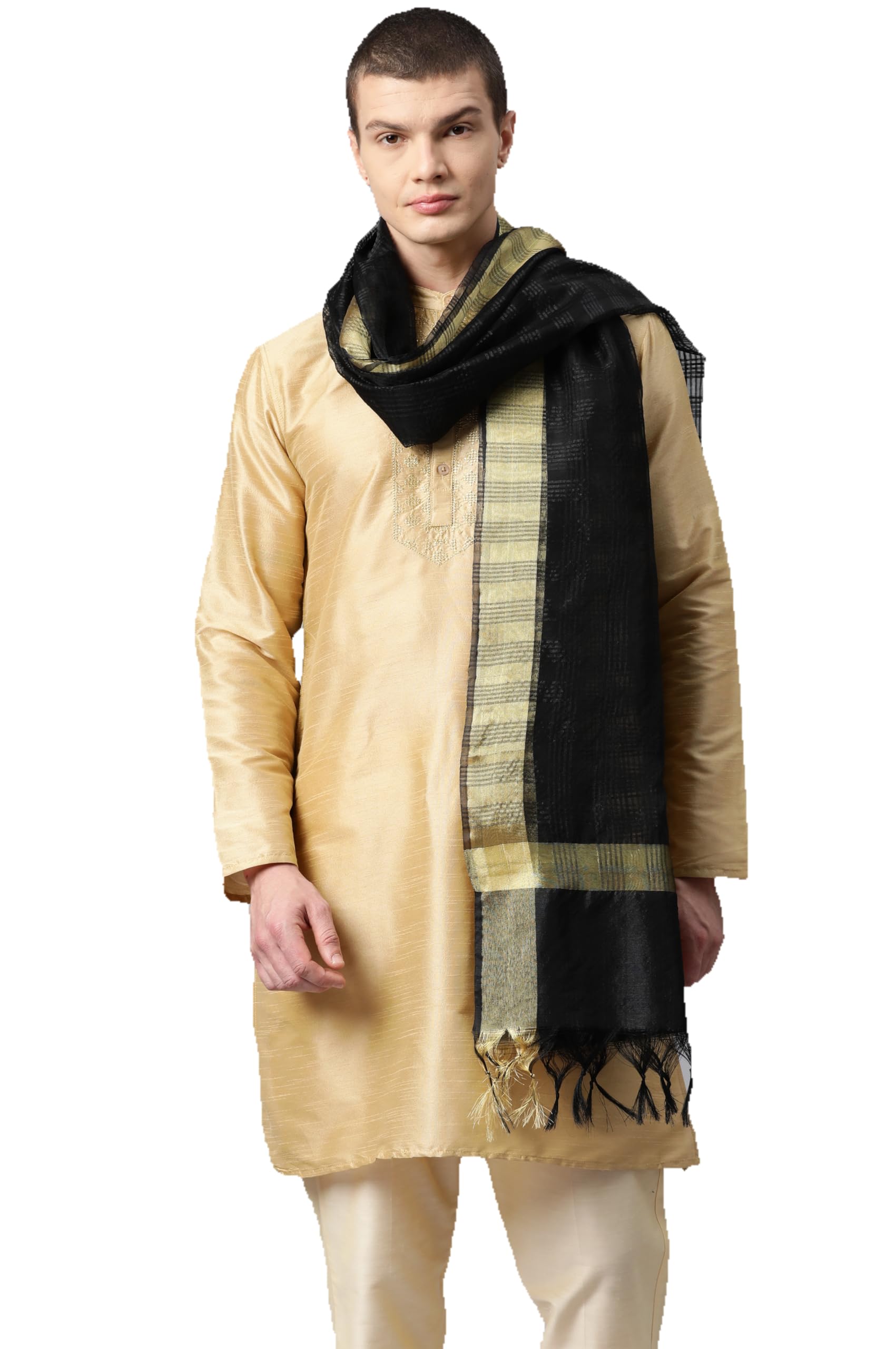Weavers Villa Poly Silk Black Ethnic Woven Striped Dupatta For Men (2.20 Mtrs)